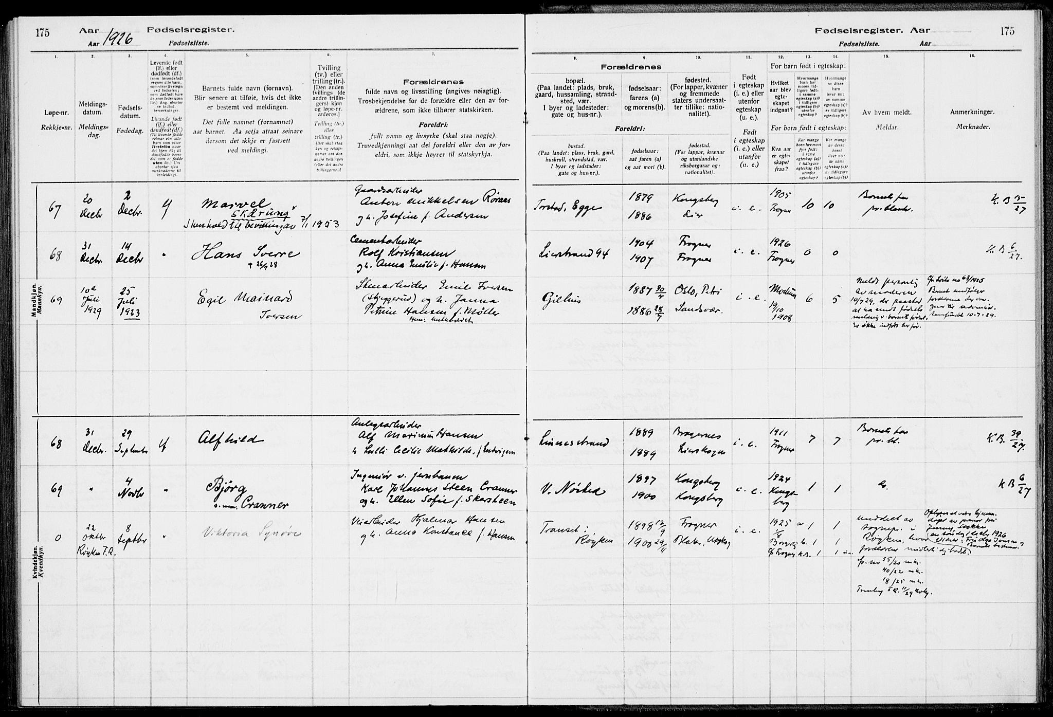 Lier kirkebøker, AV/SAKO-A-230/J/Ja/L0001: Birth register no. 1, 1916-1928, p. 175