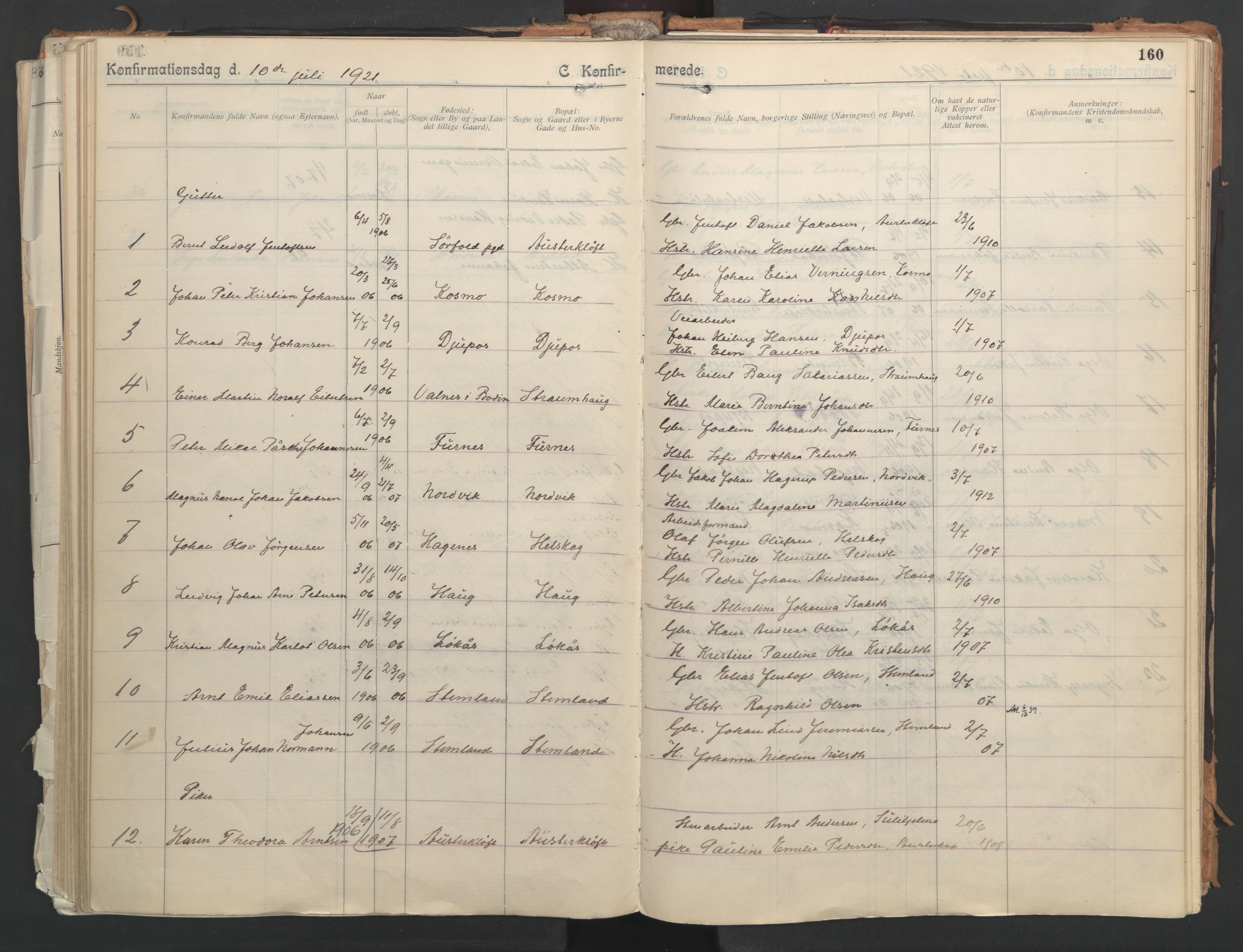 Ministerialprotokoller, klokkerbøker og fødselsregistre - Nordland, AV/SAT-A-1459/851/L0724: Parish register (official) no. 851A01, 1901-1922, p. 160