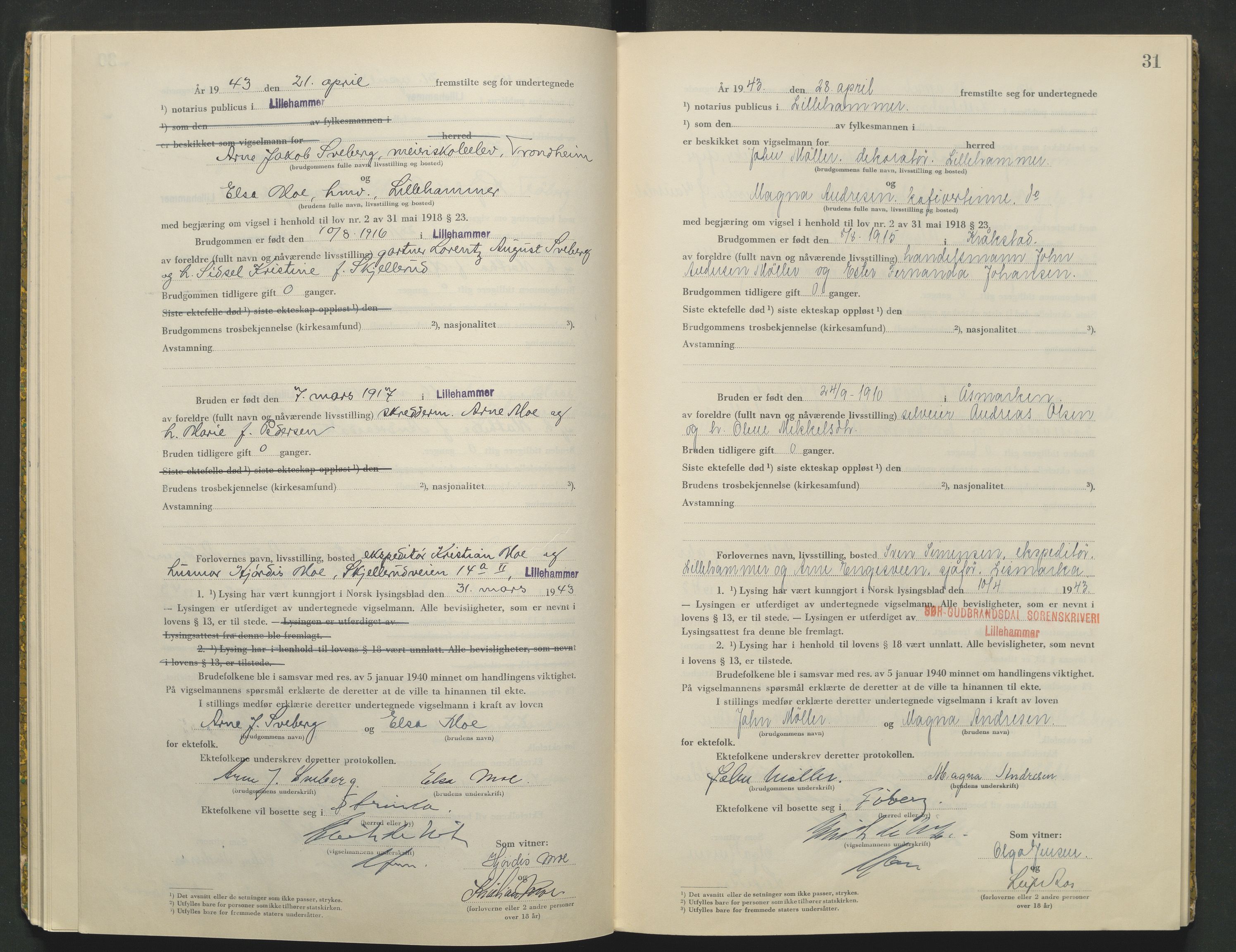 Sør-Gudbrandsdal tingrett, AV/SAH-TING-004/L/Lc/L0003: Vigselsprotokoll, 1943, p. 31