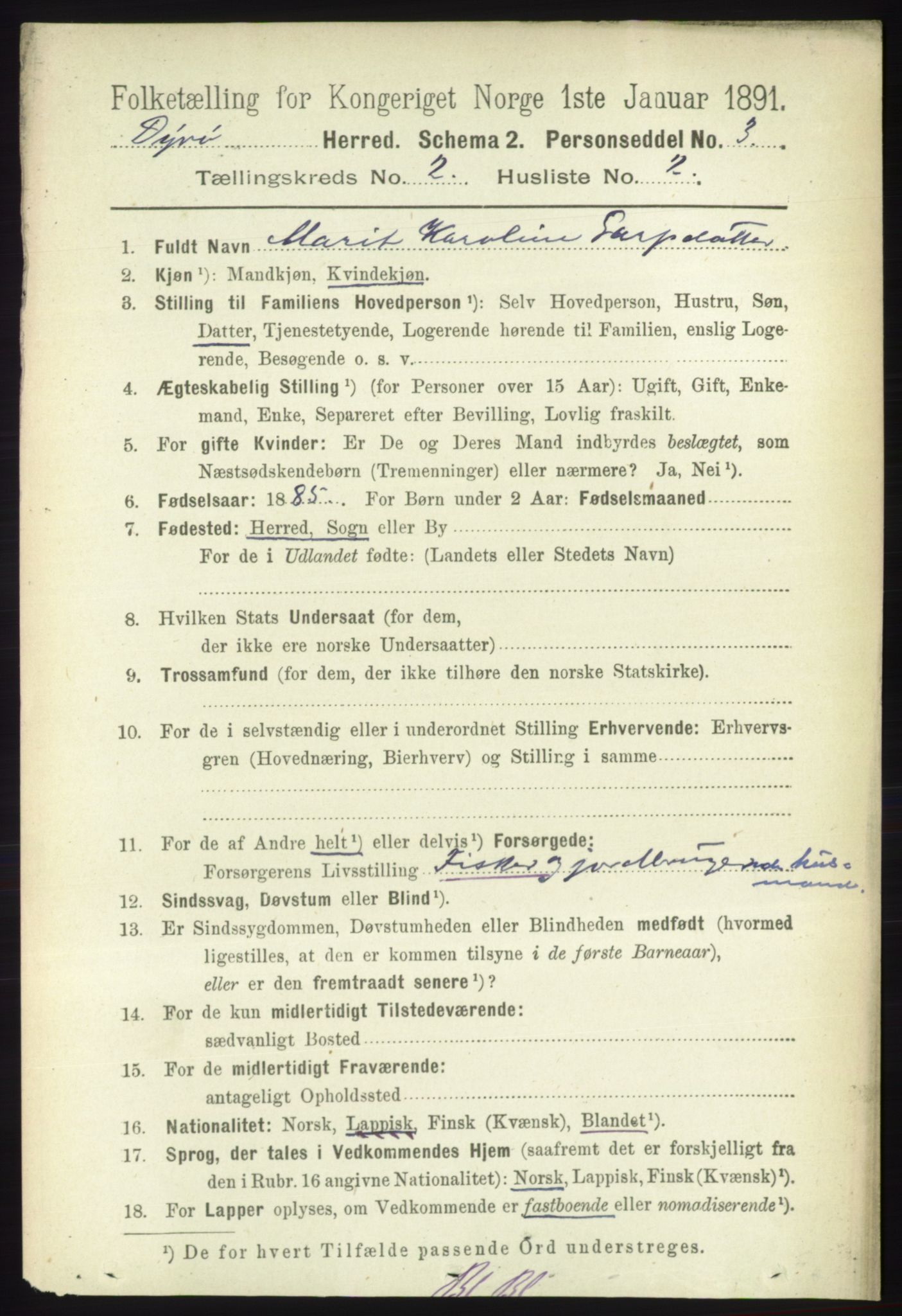 RA, 1891 census for 1926 Dyrøy, 1891, p. 542