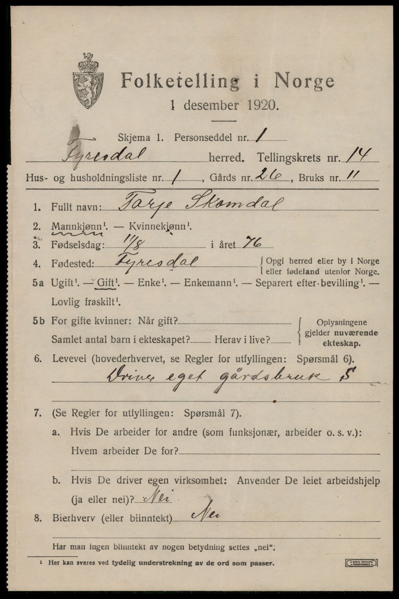 SAKO, 1920 census for Fyresdal, 1920, p. 4371