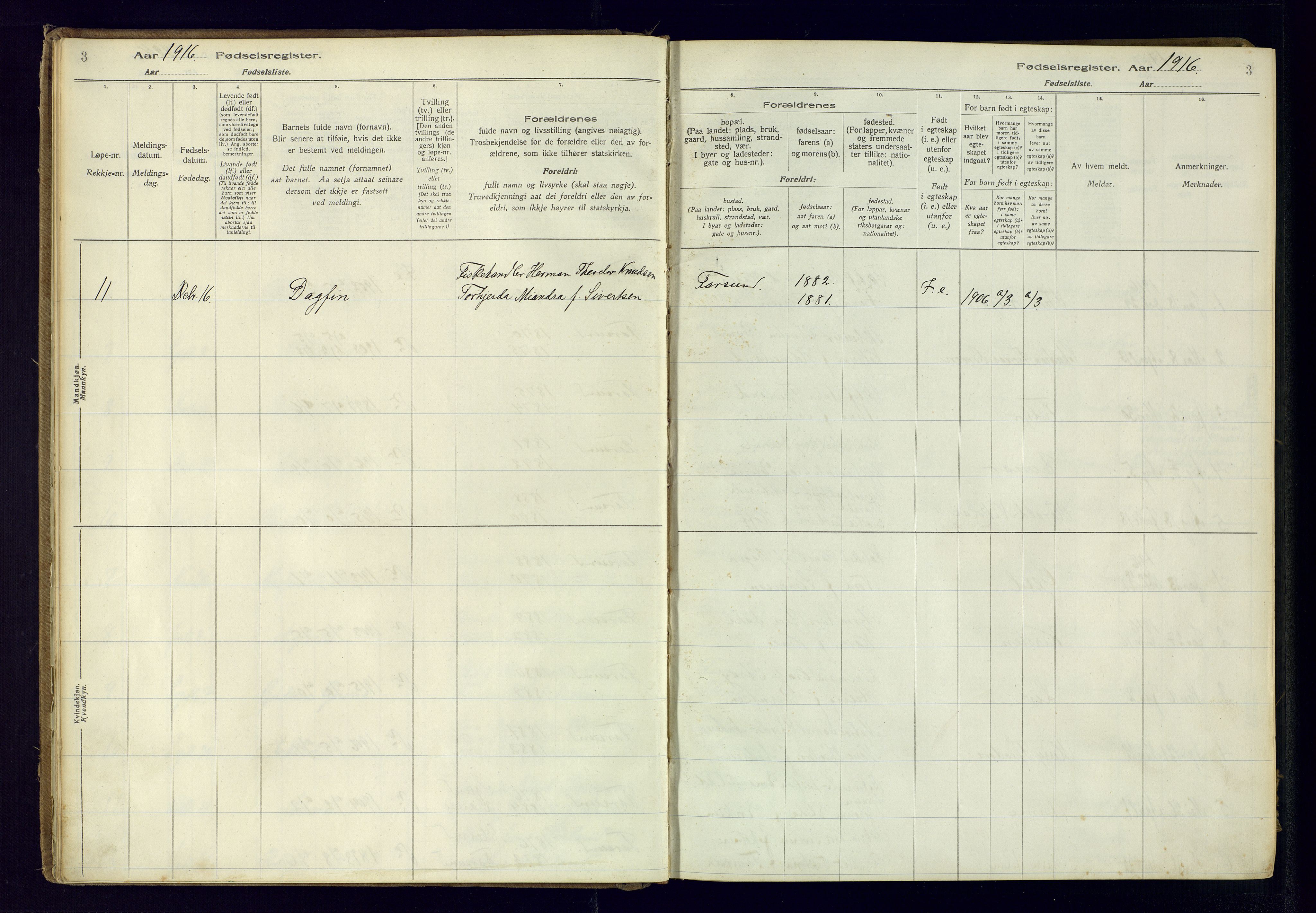 Farsund sokneprestkontor, AV/SAK-1111-0009/J/Ja/L0001: Birth register no. A-VI-8, 1916-1950, p. 3