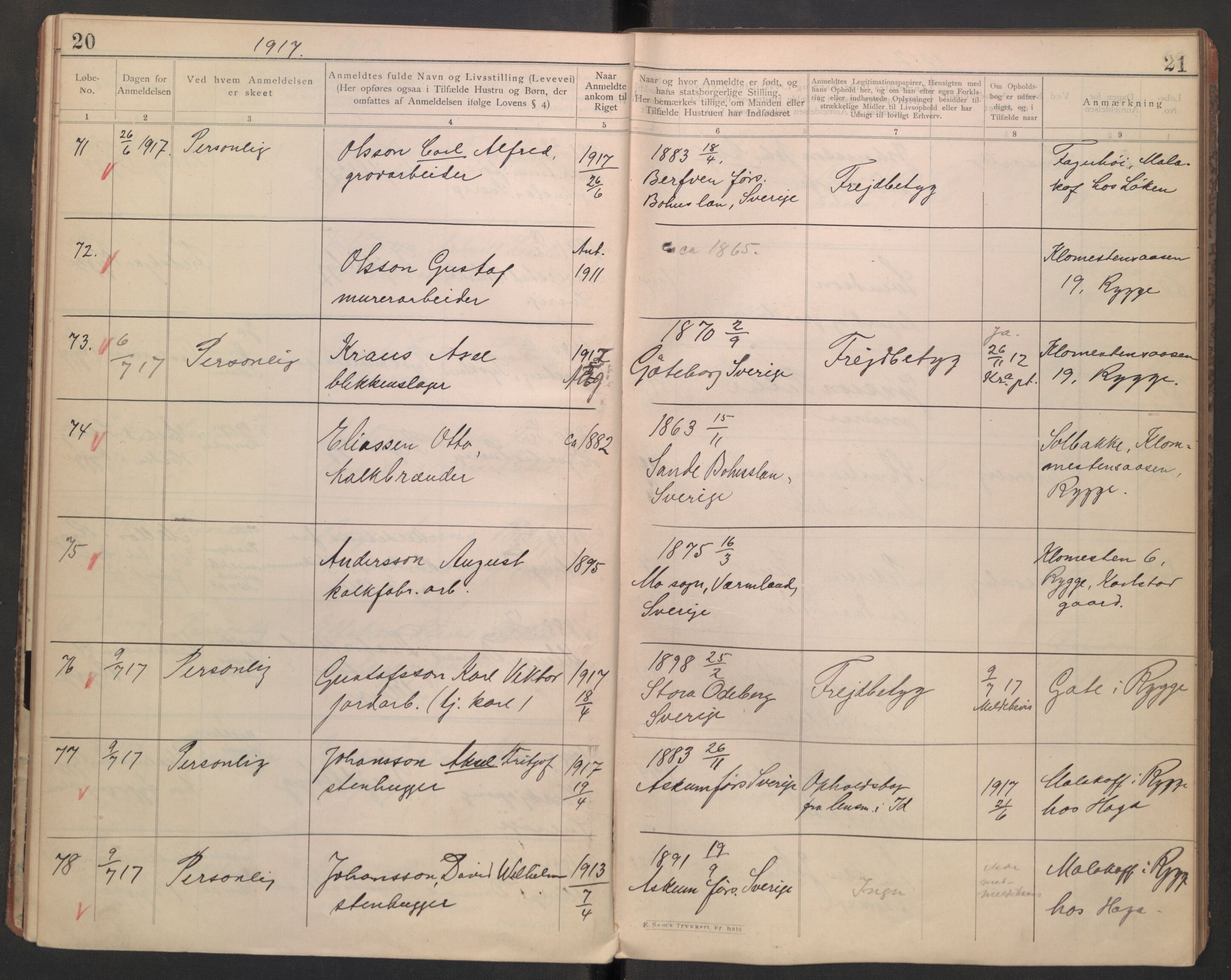 Rygge lensmannskontor, AV/SAO-A-10005/I/Ic/Ica/L0002: Protokoll over fremmede statsborgere, 1902-1928, p. 20-21