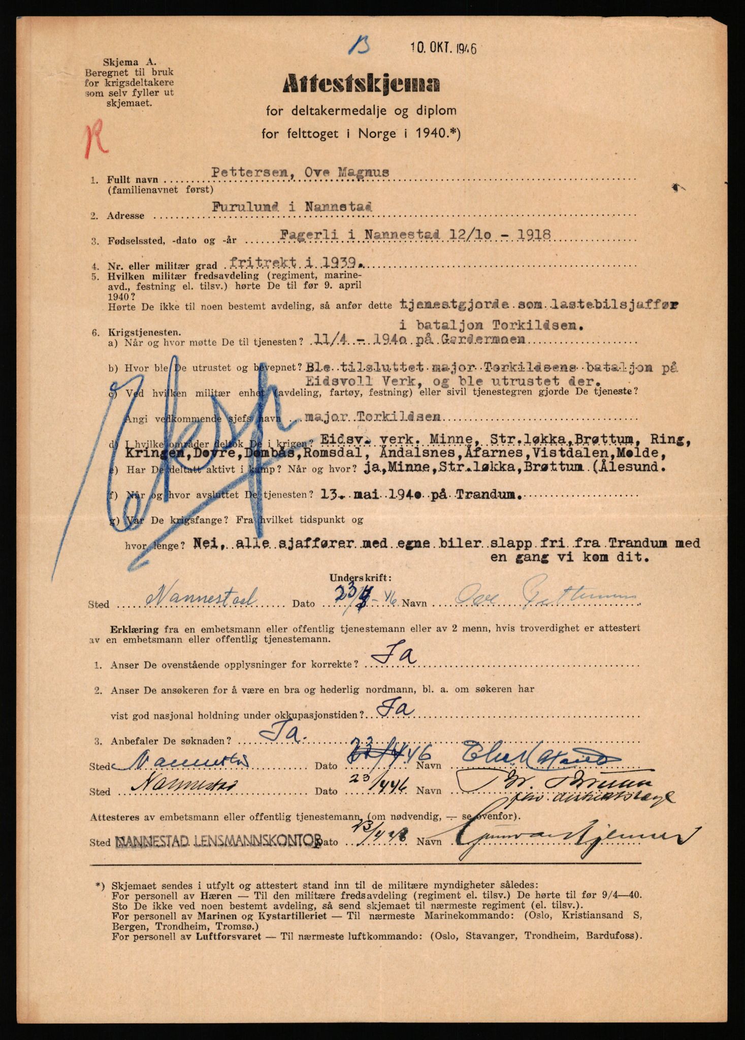 Forsvaret, Jegerkorpset - Akershus infantriregiment nr. 4, AV/RA-RAFA-2947/D/Dd/L0056: DELTAKERMEDALJEN 2. VERDENSKRIG BOKS 4 N-Ø, 1945-1950, p. 241