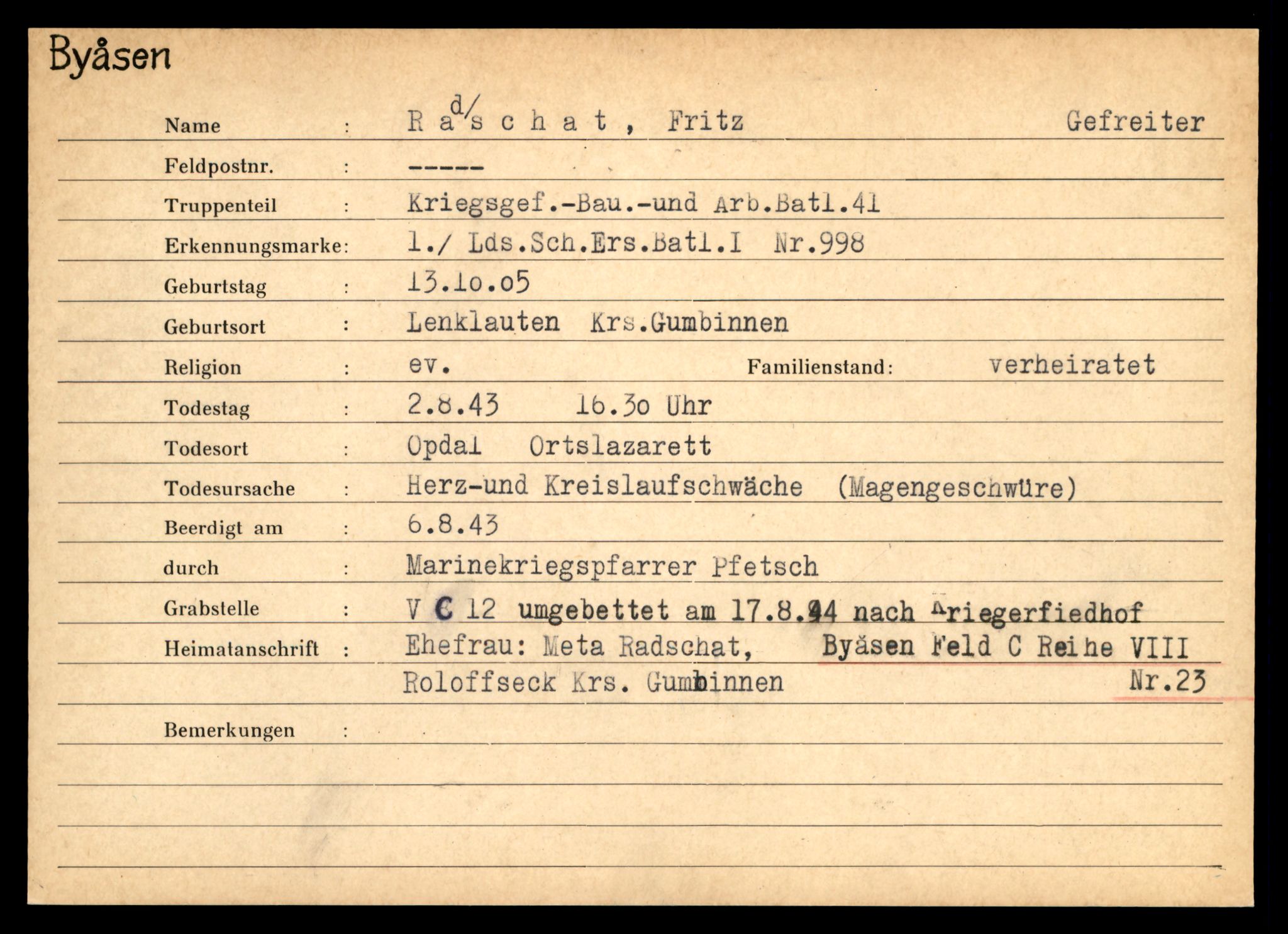 Distriktskontoret for krigsgraver, AV/SAT-A-5030/E/L0004: Kasett/kartotek over tysk Krigskirkegård på Byåsen, 1945, p. 1383