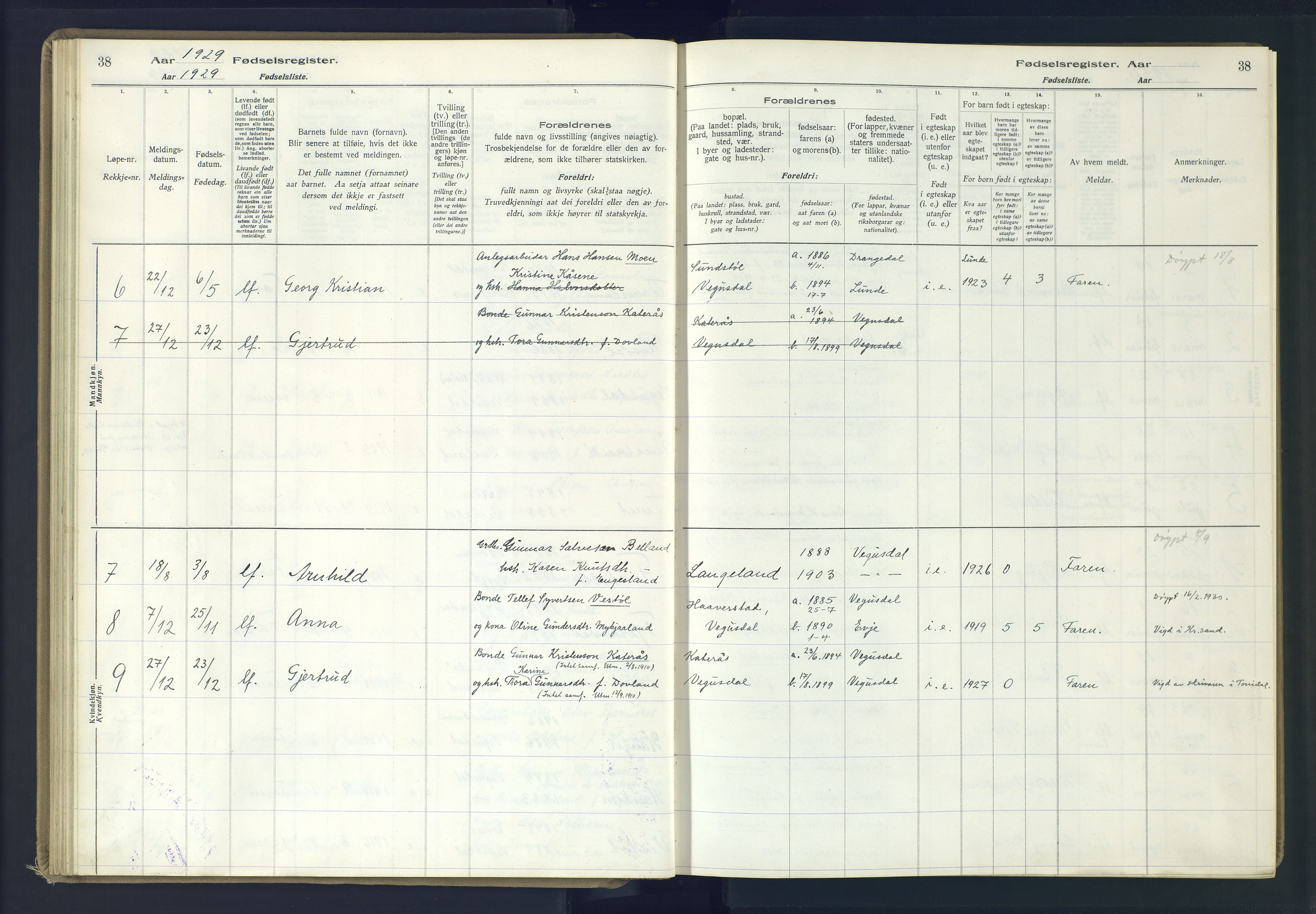 Herefoss sokneprestkontor, AV/SAK-1111-0019/J/Ja/L0002: Birth register no. II.6.11, 1916-1982, p. 38