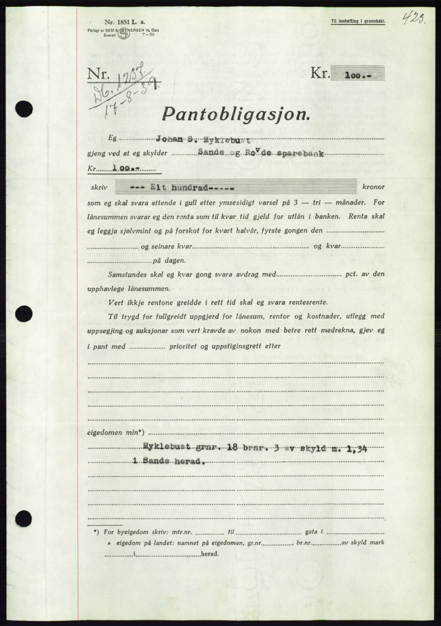 Søre Sunnmøre sorenskriveri, AV/SAT-A-4122/1/2/2C/L0068: Mortgage book no. 62, 1939-1939, Diary no: : 1237/1939