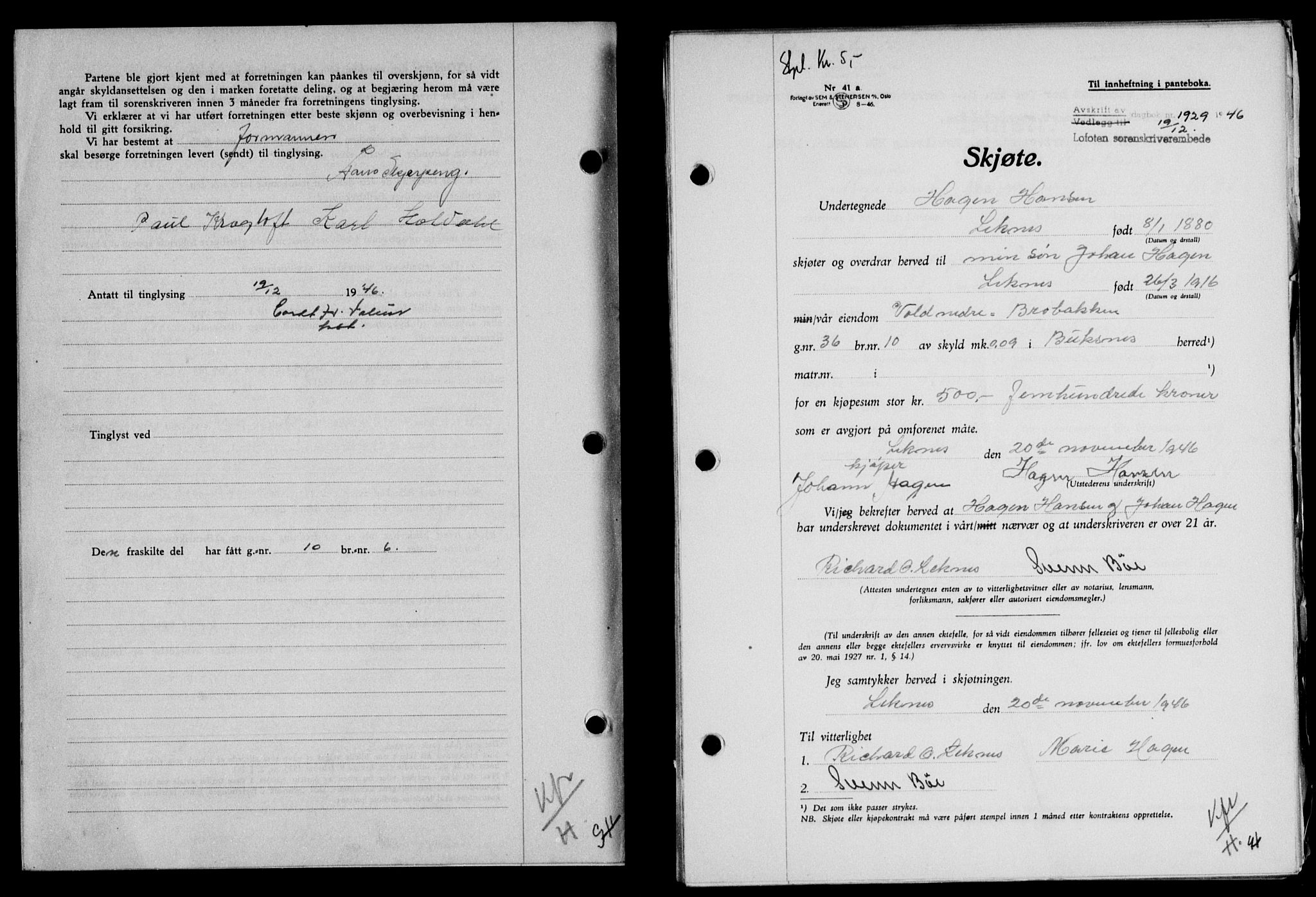 Lofoten sorenskriveri, SAT/A-0017/1/2/2C/L0015a: Mortgage book no. 15a, 1946-1947, Diary no: : 1929/1946