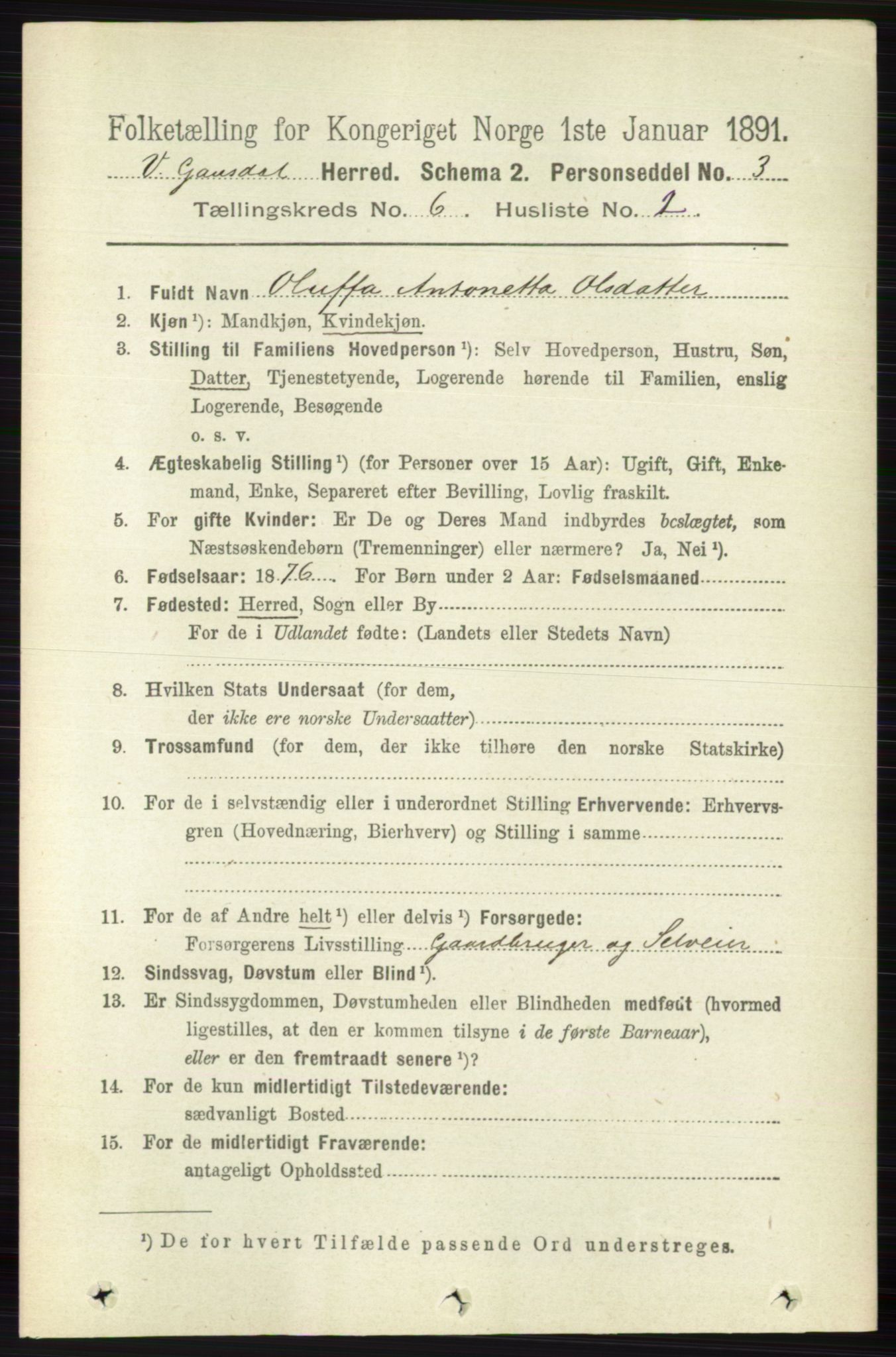 RA, 1891 census for 0523 Vestre Gausdal, 1891, p. 2561