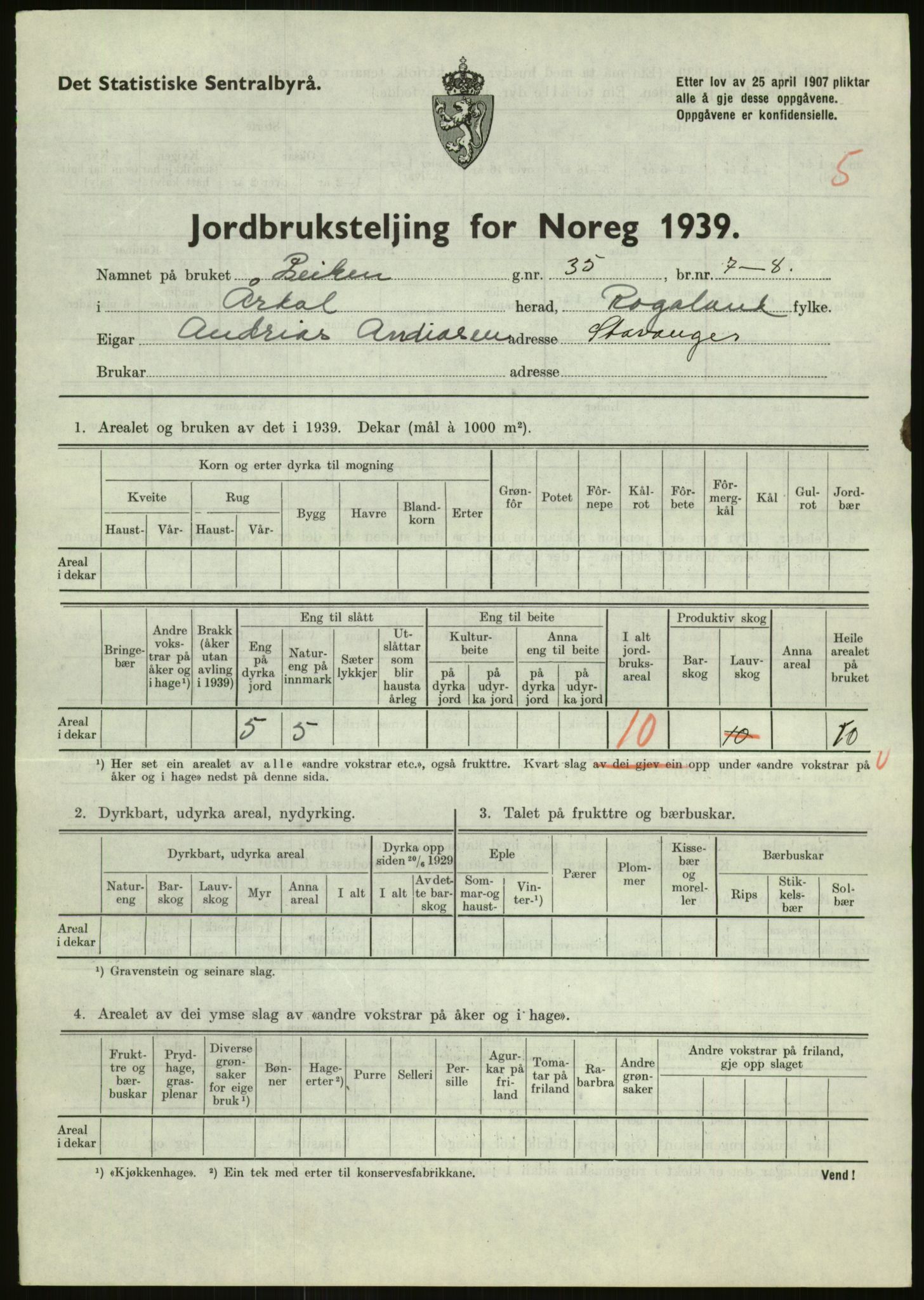 Statistisk sentralbyrå, Næringsøkonomiske emner, Jordbruk, skogbruk, jakt, fiske og fangst, AV/RA-S-2234/G/Gb/L0184: Rogaland: Årdal, Fister og Hjelmeland, 1939, p. 479