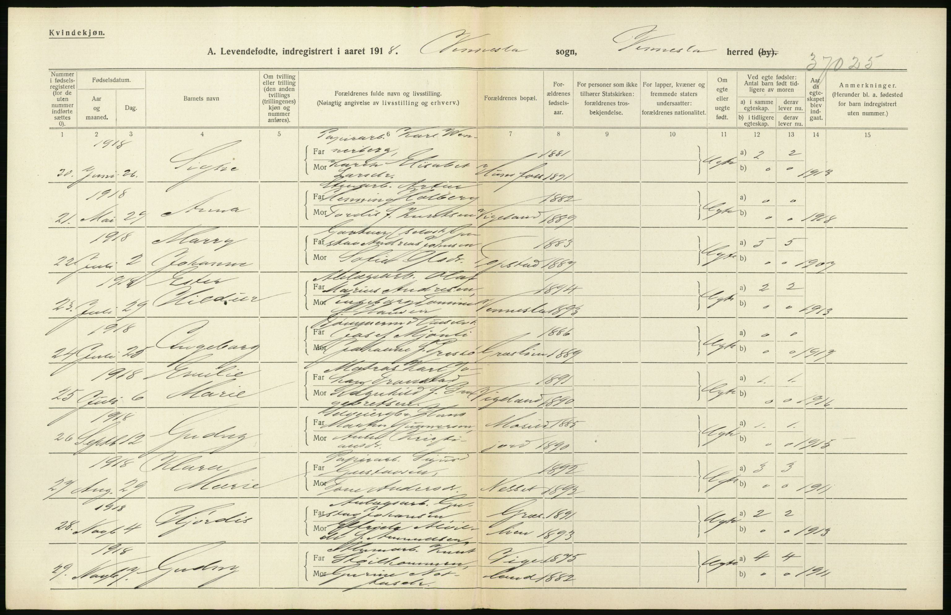 Statistisk sentralbyrå, Sosiodemografiske emner, Befolkning, AV/RA-S-2228/D/Df/Dfb/Dfbh/L0029: Vest-Agder fylke: Levendefødte menn og kvinner, gifte. Bygder og byer., 1918, p. 276