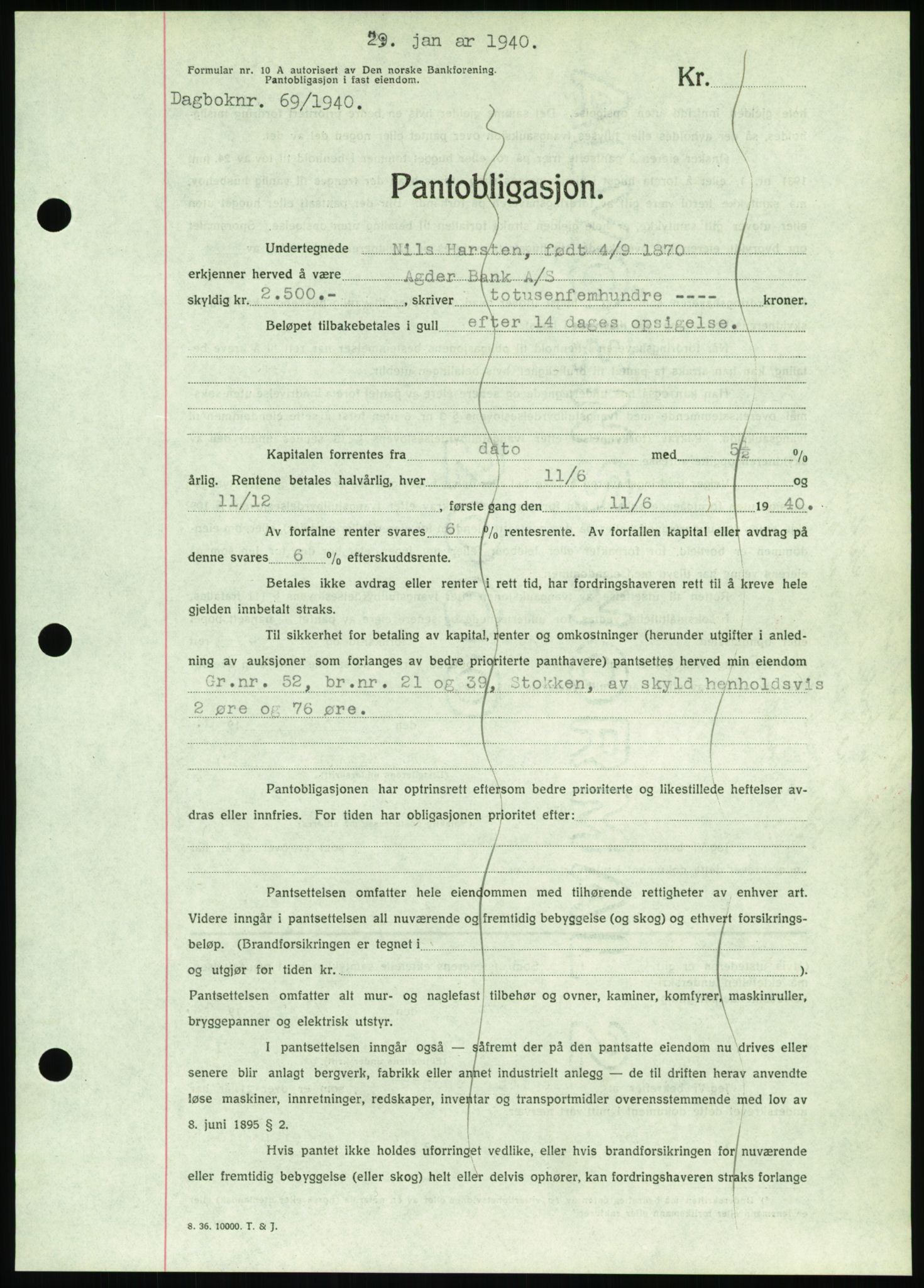 Nedenes sorenskriveri, AV/SAK-1221-0006/G/Gb/Gbb/L0001: Mortgage book no. I, 1939-1942, Diary no: : 69/1940