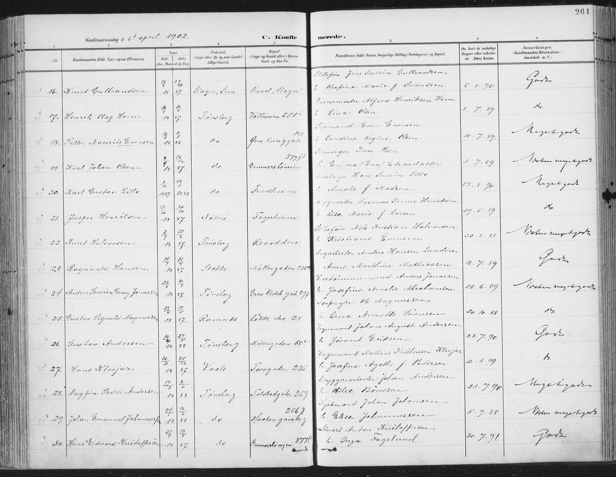 Tønsberg kirkebøker, SAKO/A-330/F/Fa/L0014: Parish register (official) no. I 14, 1900-1913, p. 261