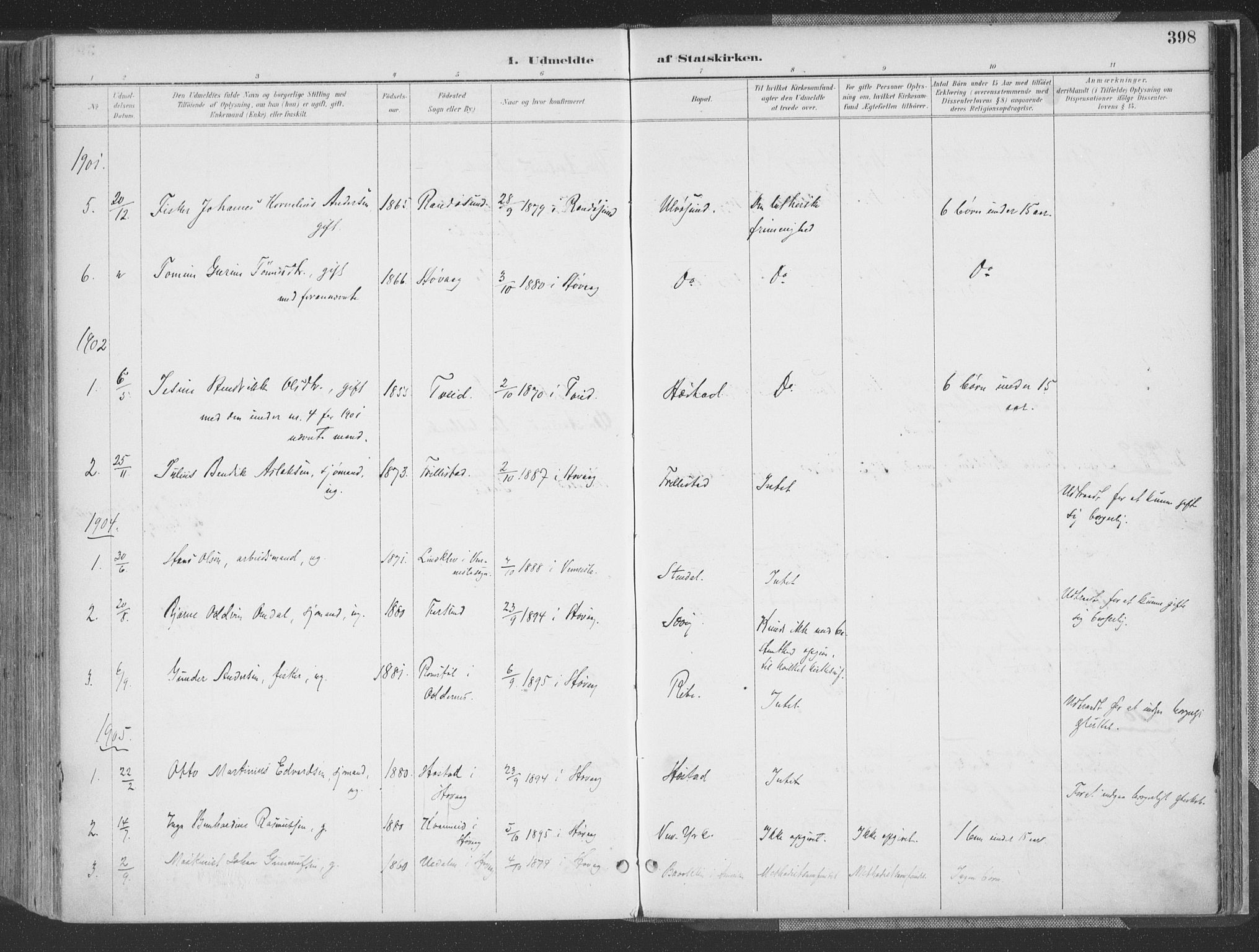 Høvåg sokneprestkontor, AV/SAK-1111-0025/F/Fa/L0006: Parish register (official) no. A 6, 1894-1923, p. 398