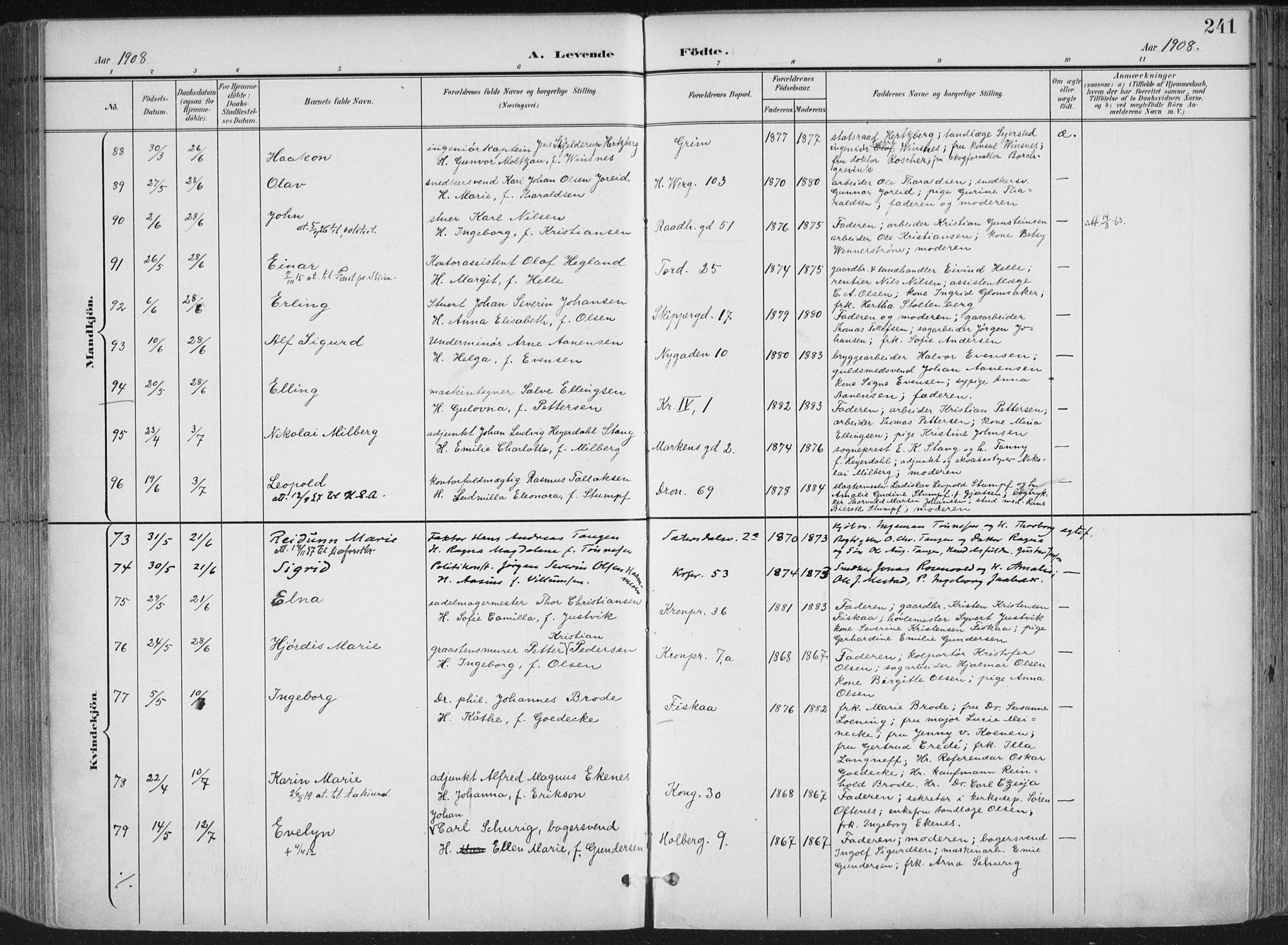 Kristiansand domprosti, SAK/1112-0006/F/Fa/L0021: Parish register (official) no. A 20, 1898-1908, p. 241