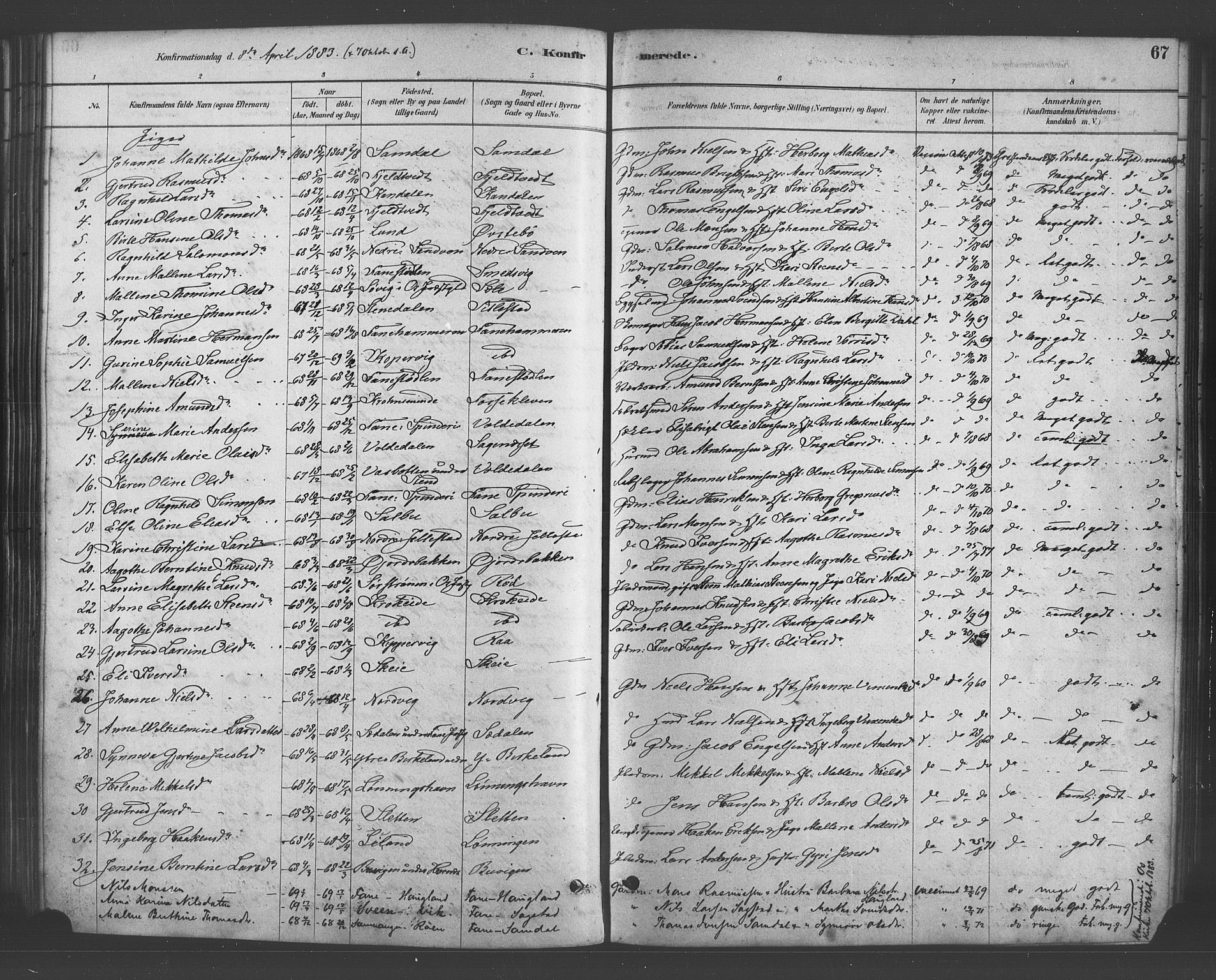 Fana Sokneprestembete, AV/SAB-A-75101/H/Haa/Haab/L0001: Parish register (official) no. B 1, 1878-1889, p. 67