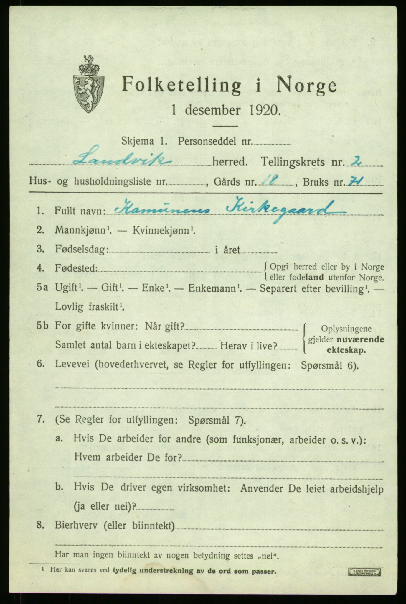 RA, 1920 census: Additional forms, 1920, p. 67