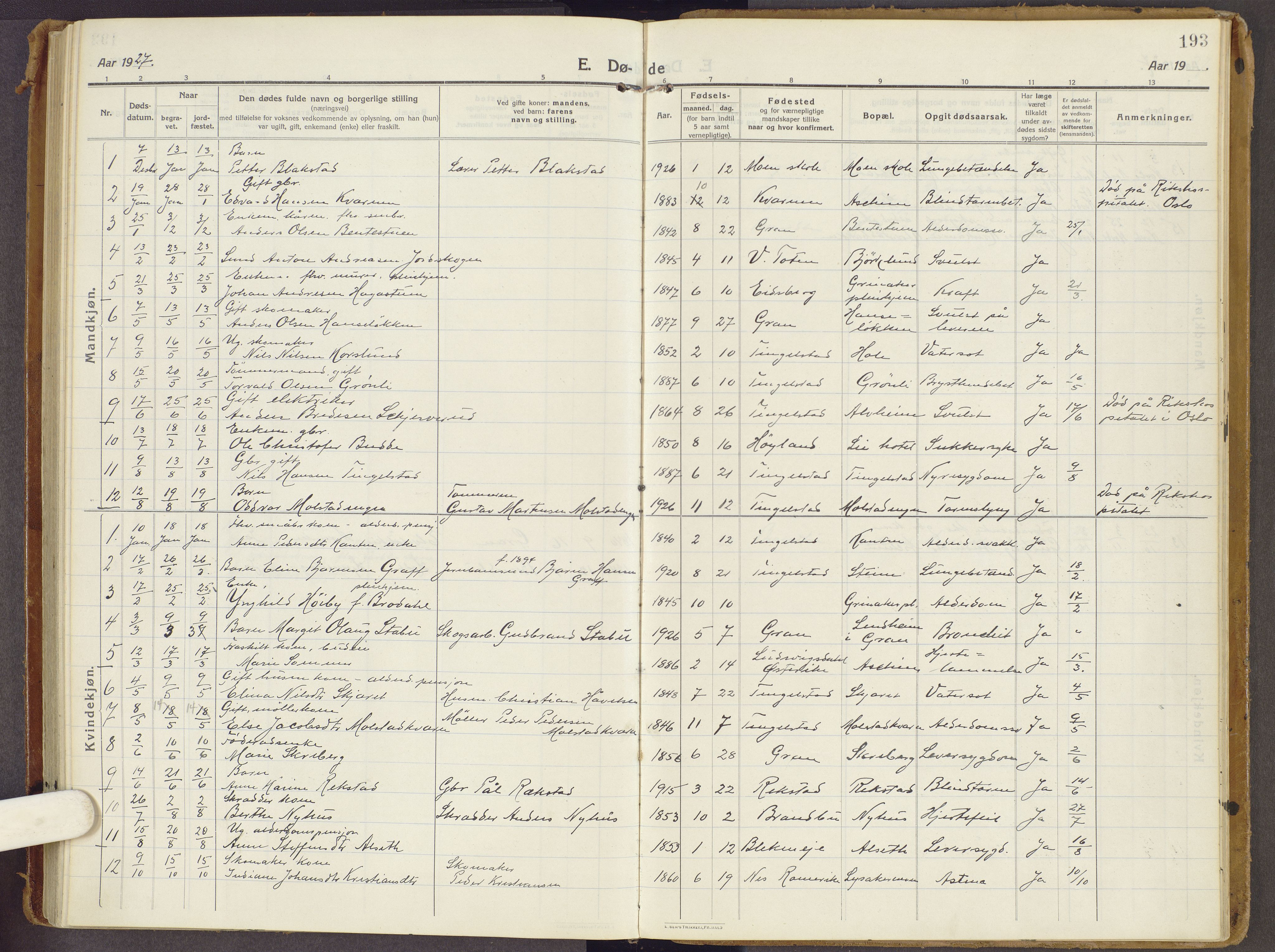 Brandbu prestekontor, SAH/PREST-114/H/Ha/Haa/L0003: Parish register (official) no. 3, 1914-1928, p. 193