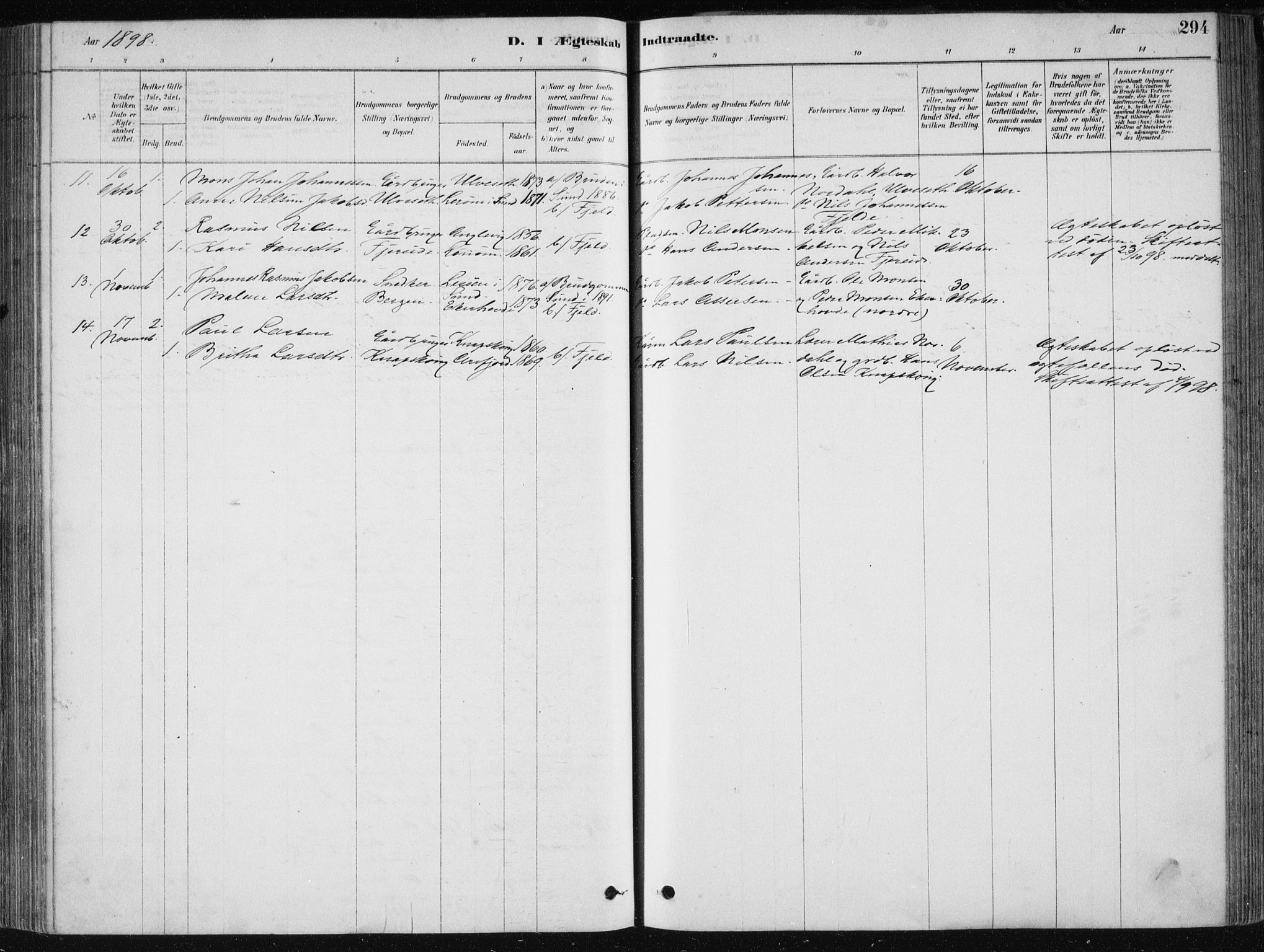 Fjell sokneprestembete, SAB/A-75301/H/Haa: Parish register (official) no. A  8, 1878-1898, p. 294
