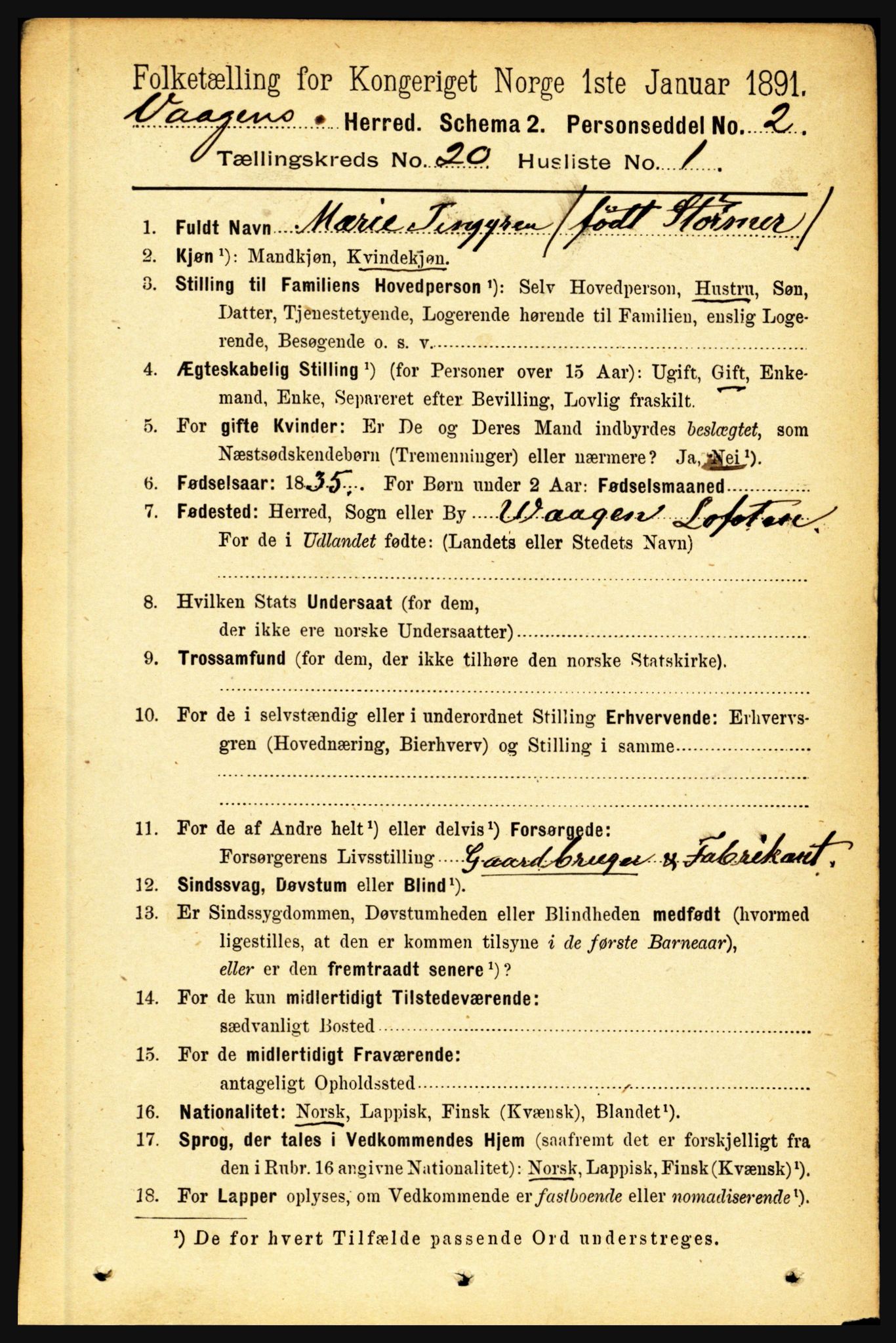 RA, 1891 census for 1865 Vågan, 1891, p. 5850