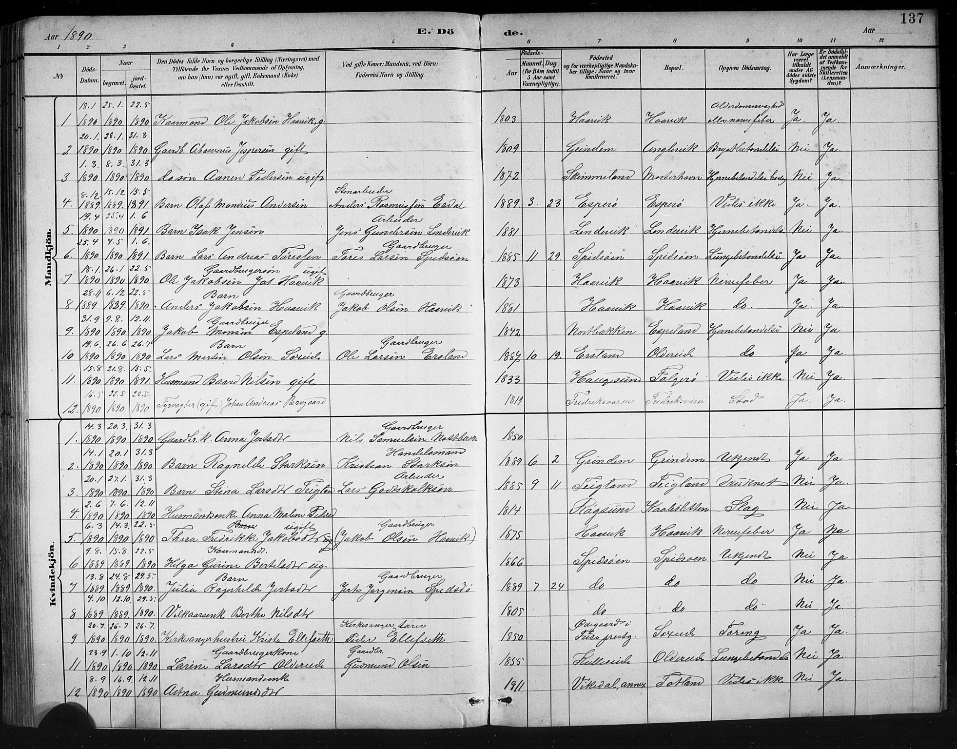 Finnås sokneprestembete, SAB/A-99925/H/Ha/Hab/Haba/L0003: Parish register (copy) no. A 3, 1883-1900, p. 137