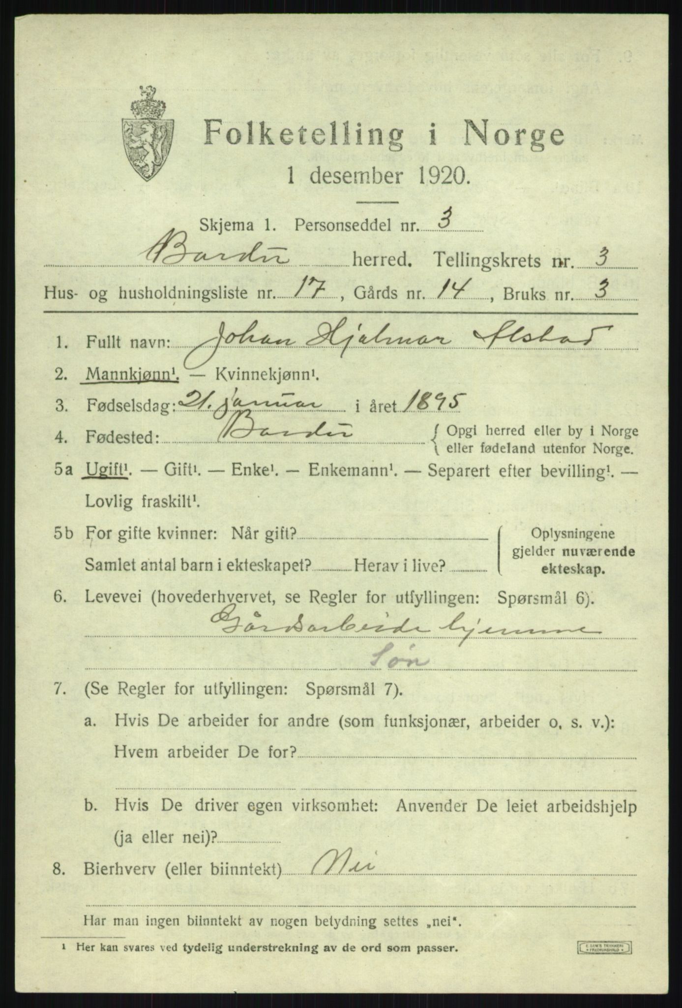 SATØ, 1920 census for Bardu, 1920, p. 1427