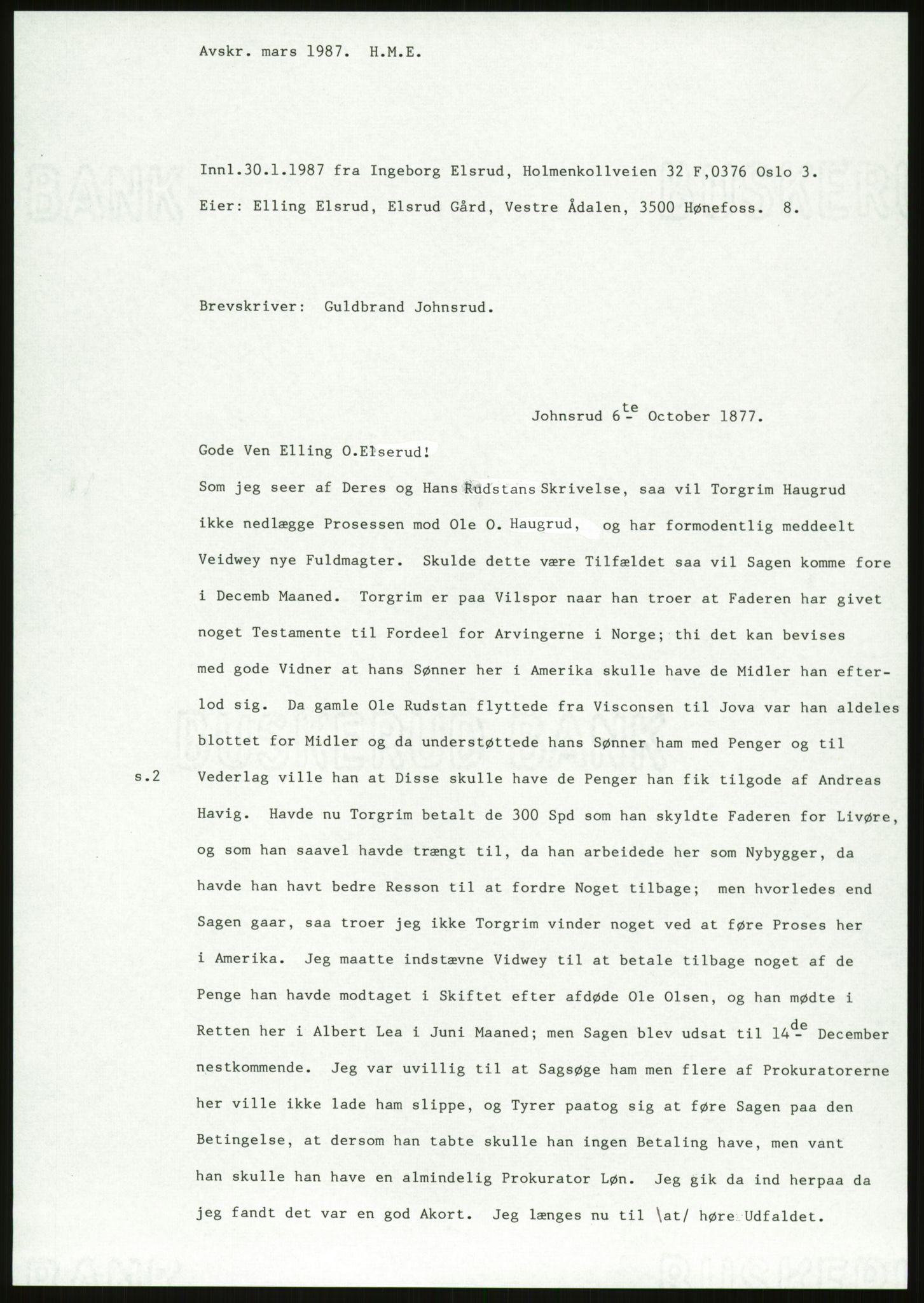 Samlinger til kildeutgivelse, Amerikabrevene, AV/RA-EA-4057/F/L0018: Innlån fra Buskerud: Elsrud, 1838-1914, p. 825