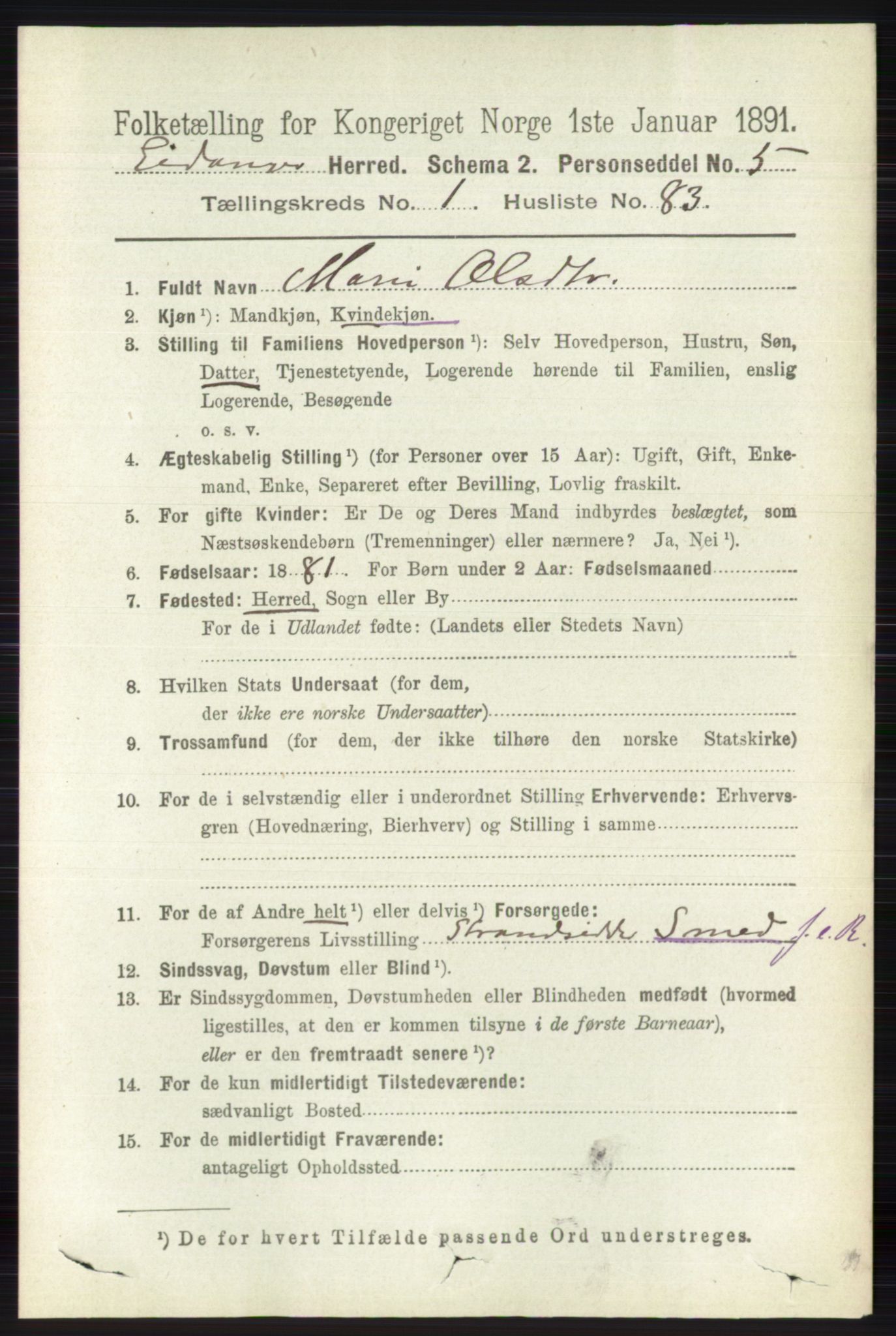RA, 1891 census for 0813 Eidanger, 1891, p. 611