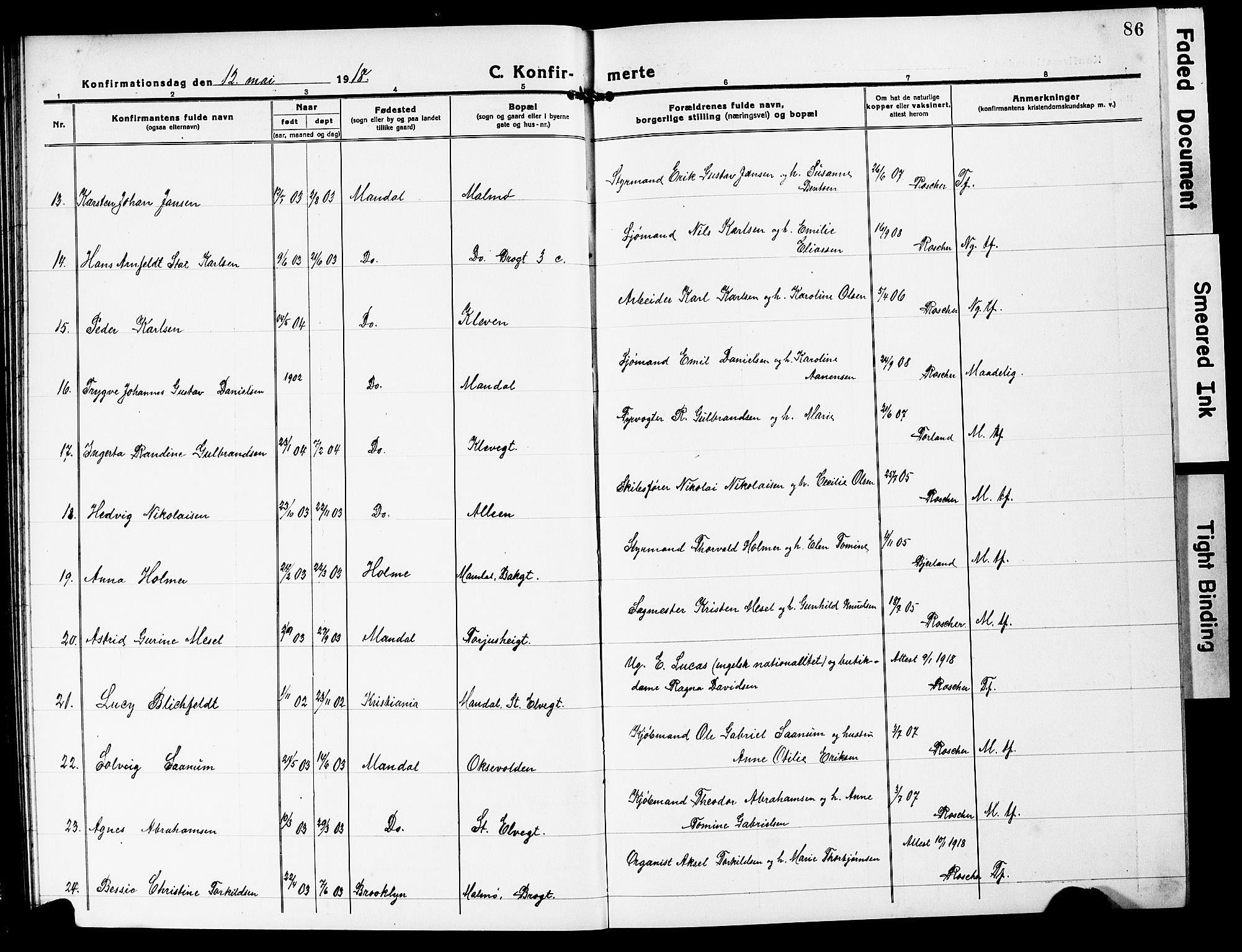 Mandal sokneprestkontor, SAK/1111-0030/F/Fb/Fbc/L0001: Parish register (copy) no. B 1, 1918-1931, p. 86