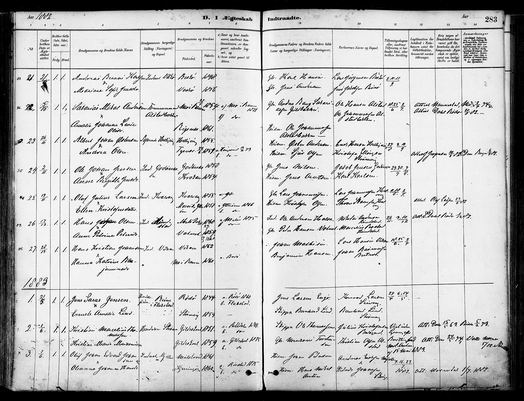 Ministerialprotokoller, klokkerbøker og fødselsregistre - Nordland, SAT/A-1459/802/L0054: Parish register (official) no. 802A01, 1879-1893, p. 283