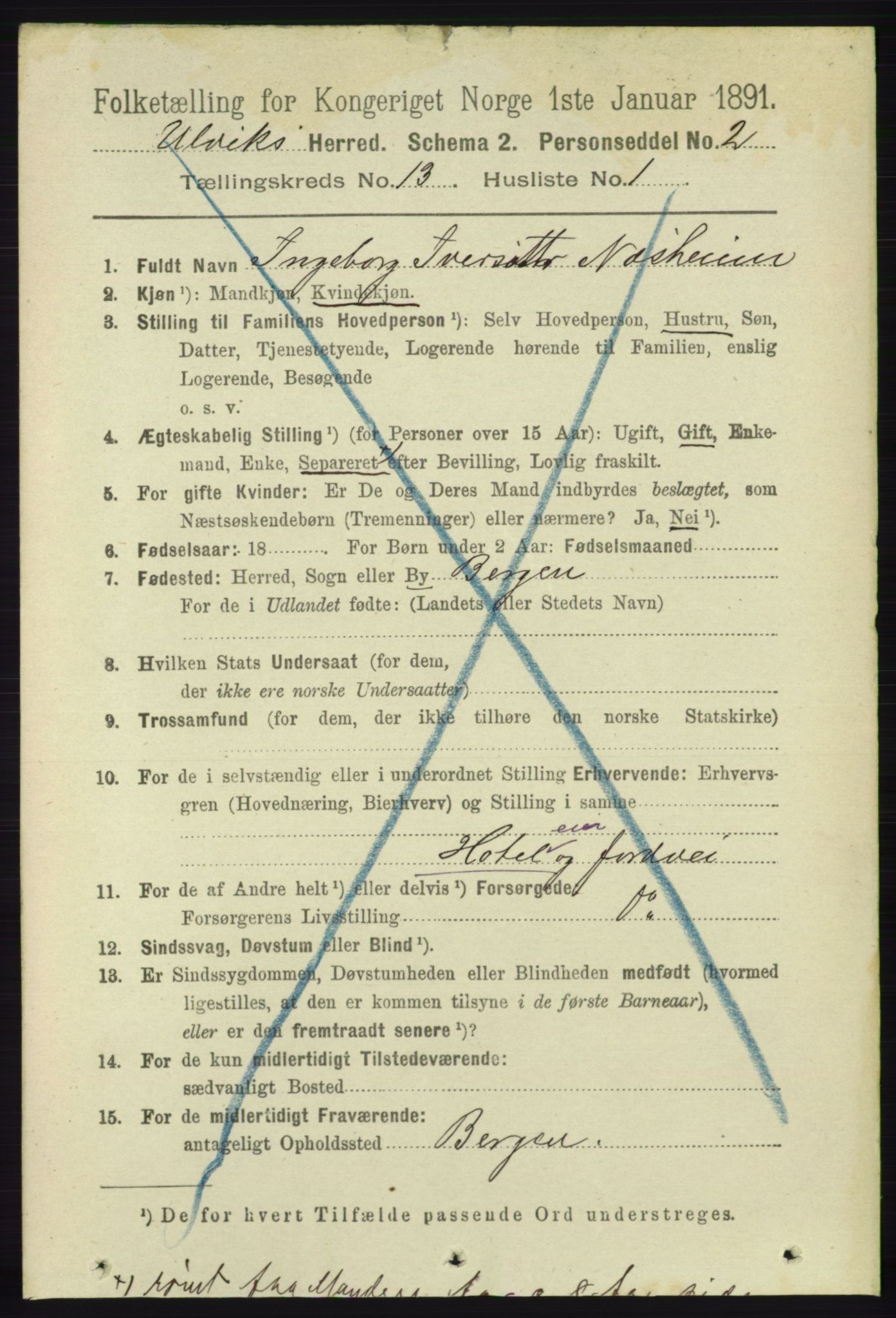 RA, 1891 census for 1233 Ulvik, 1891, p. 3896