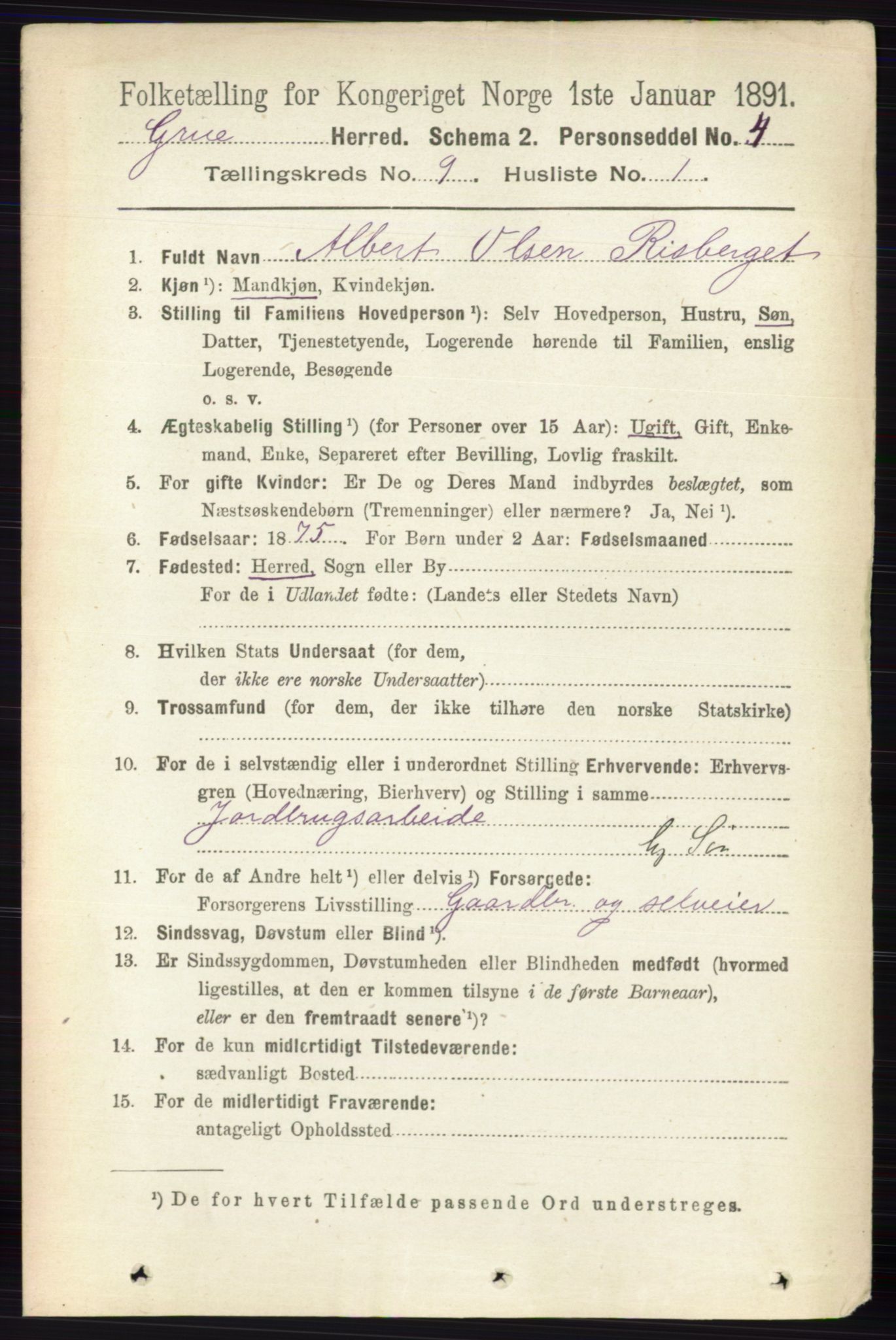 RA, 1891 census for 0423 Grue, 1891, p. 4884