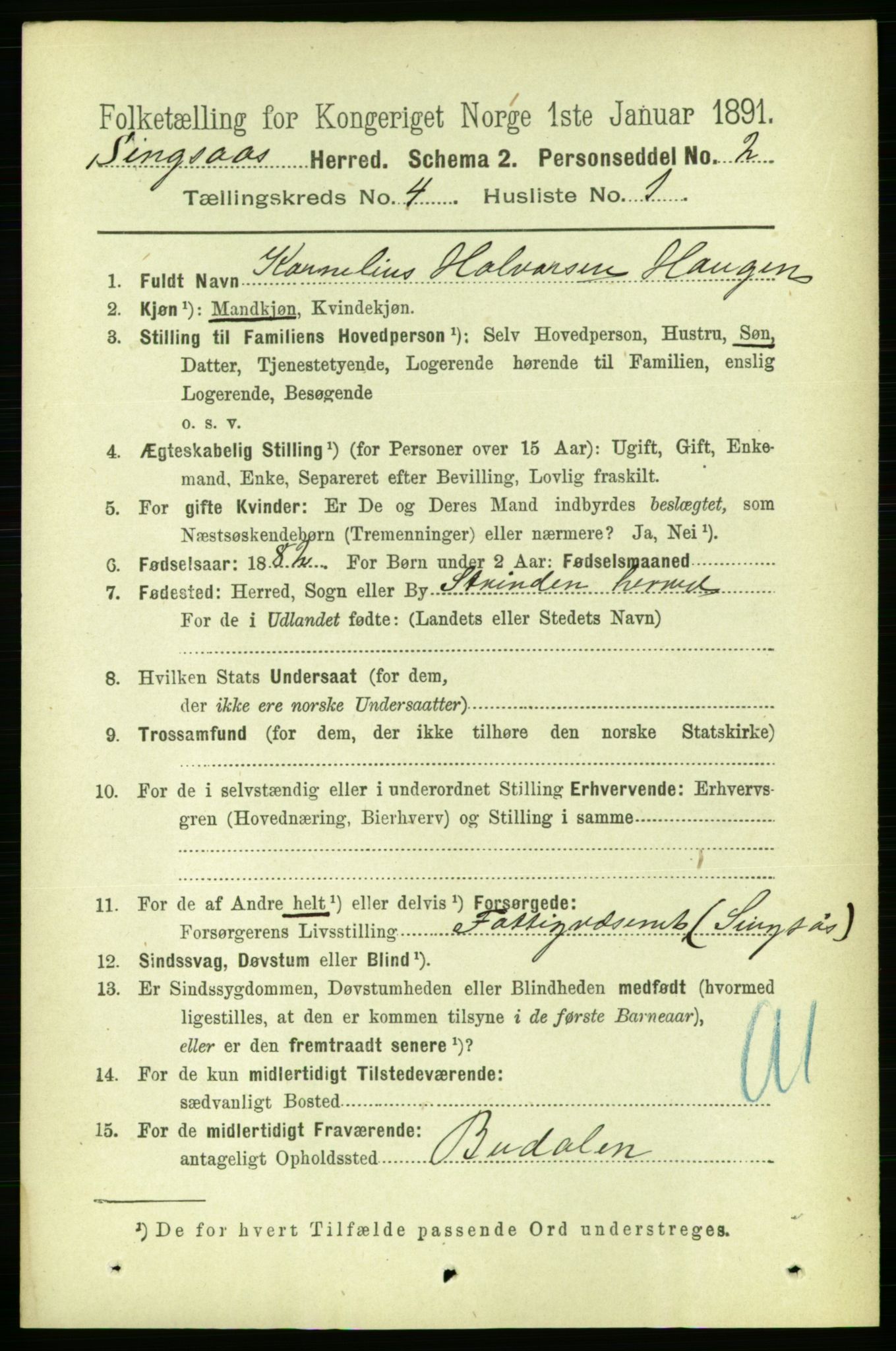 RA, 1891 census for 1646 Singsås, 1891, p. 839