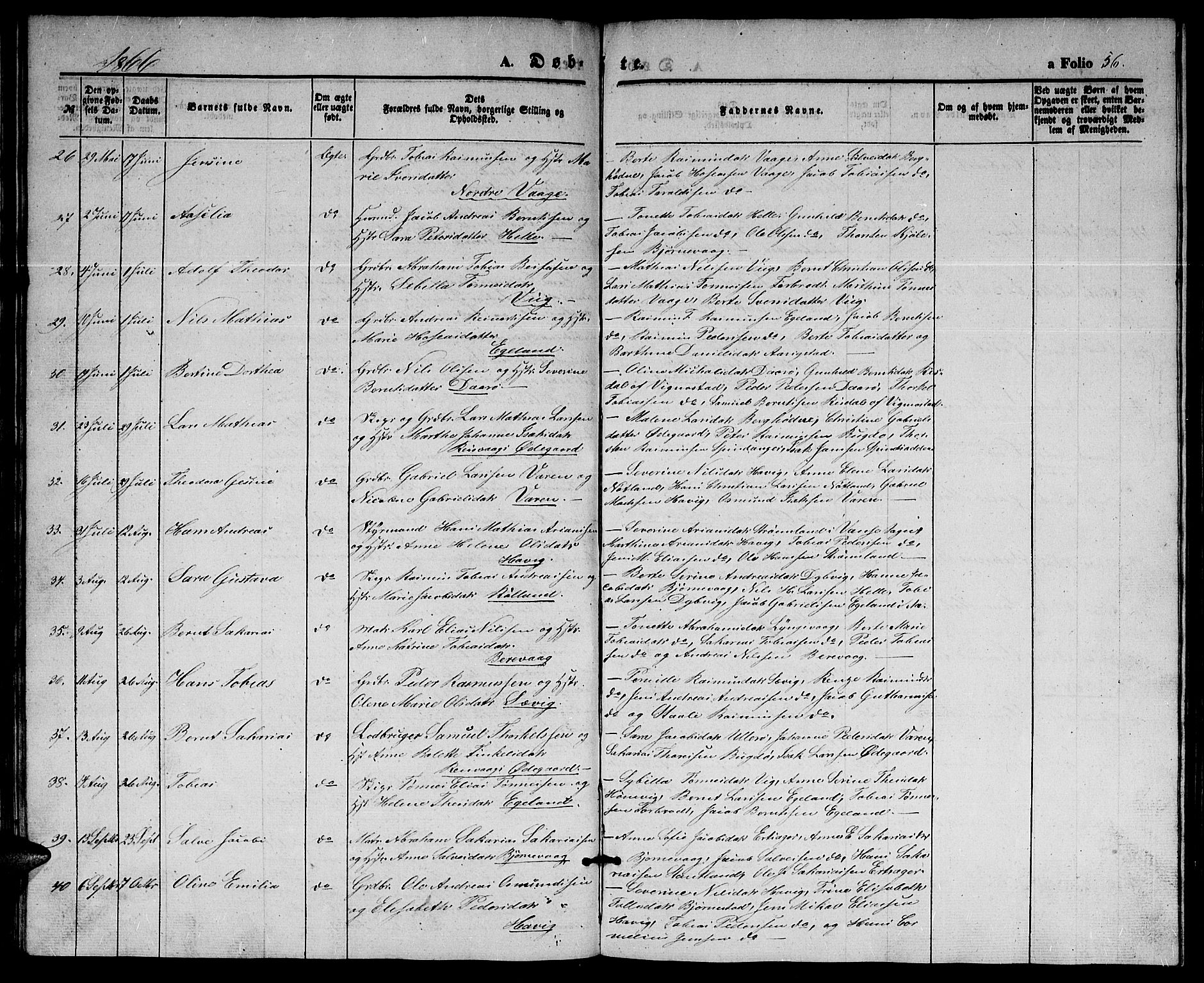 Herad sokneprestkontor, SAK/1111-0018/F/Fb/Fbb/L0002: Parish register (copy) no. B 2, 1853-1871, p. 56