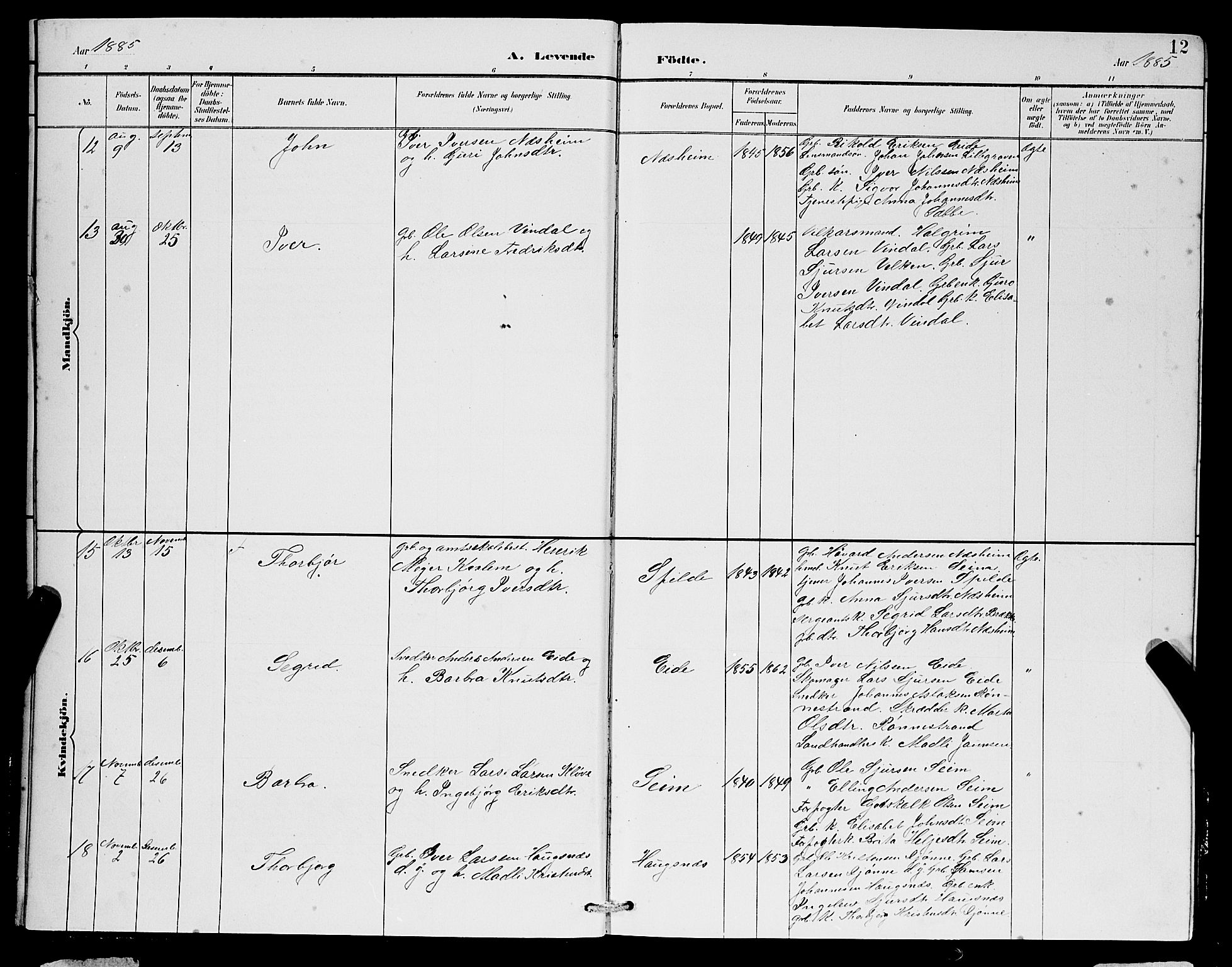 Ulvik sokneprestembete, SAB/A-78801/H/Hab: Parish register (copy) no. B 3, 1884-1901, p. 12