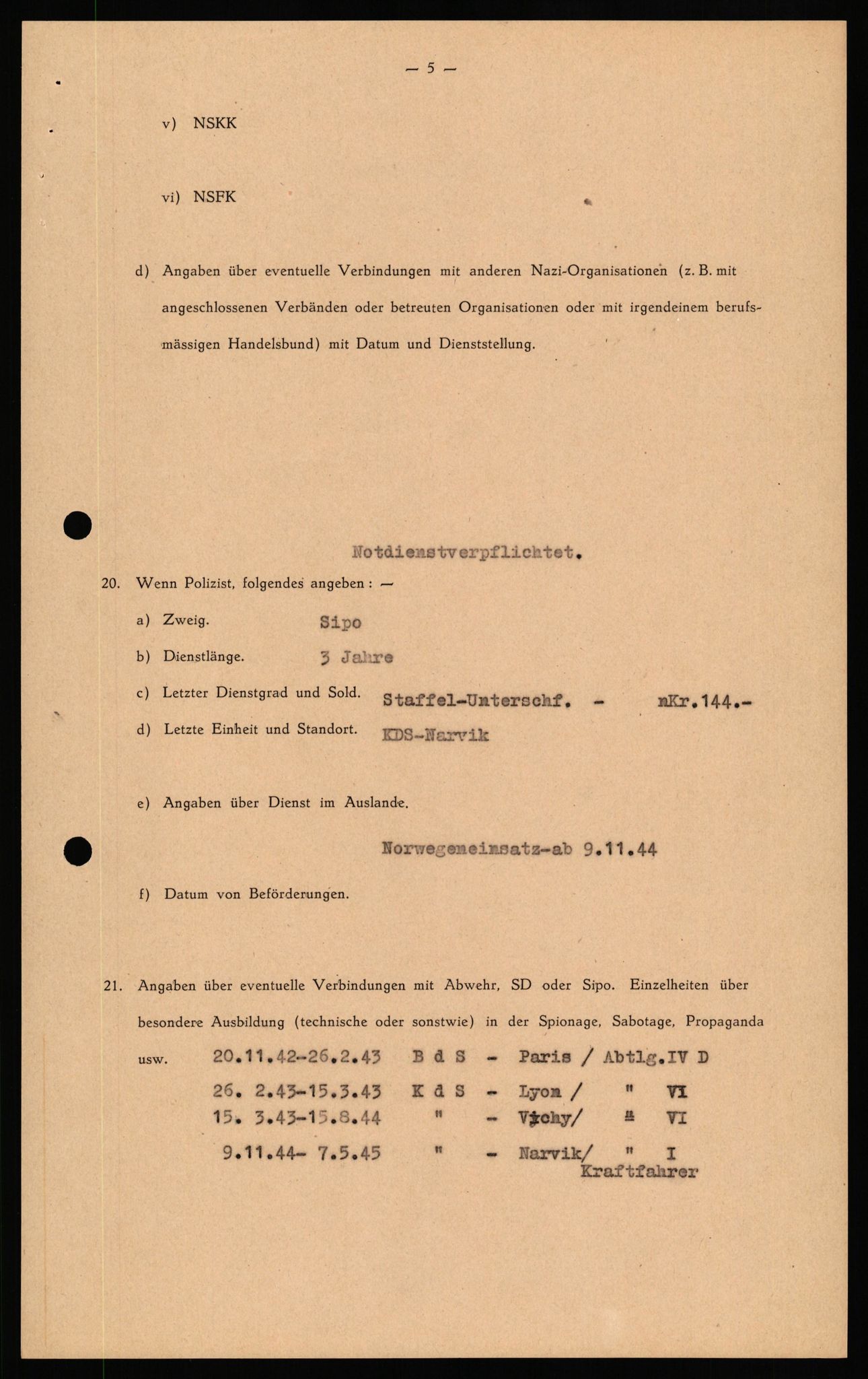 Forsvaret, Forsvarets overkommando II, RA/RAFA-3915/D/Db/L0034: CI Questionaires. Tyske okkupasjonsstyrker i Norge. Tyskere., 1945-1946, p. 171