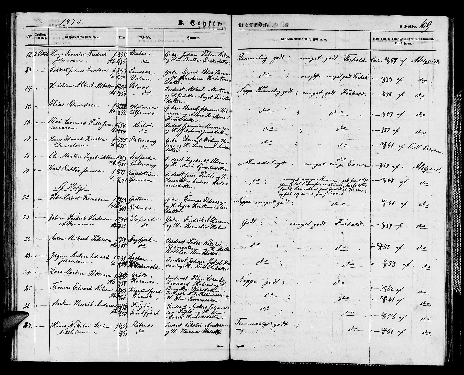 Karlsøy sokneprestembete, AV/SATØ-S-1299/H/Ha/Hab/L0003klokker: Parish register (copy) no. 3, 1862-1877, p. 109