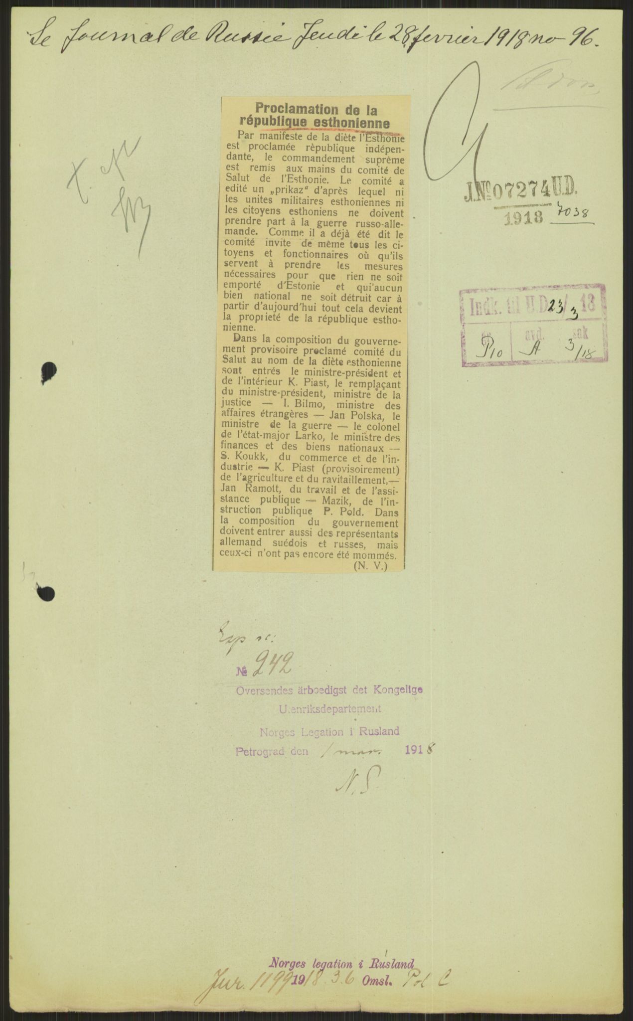 Utenriksdepartementet, AV/RA-S-2259, 1918-1923, p. 5