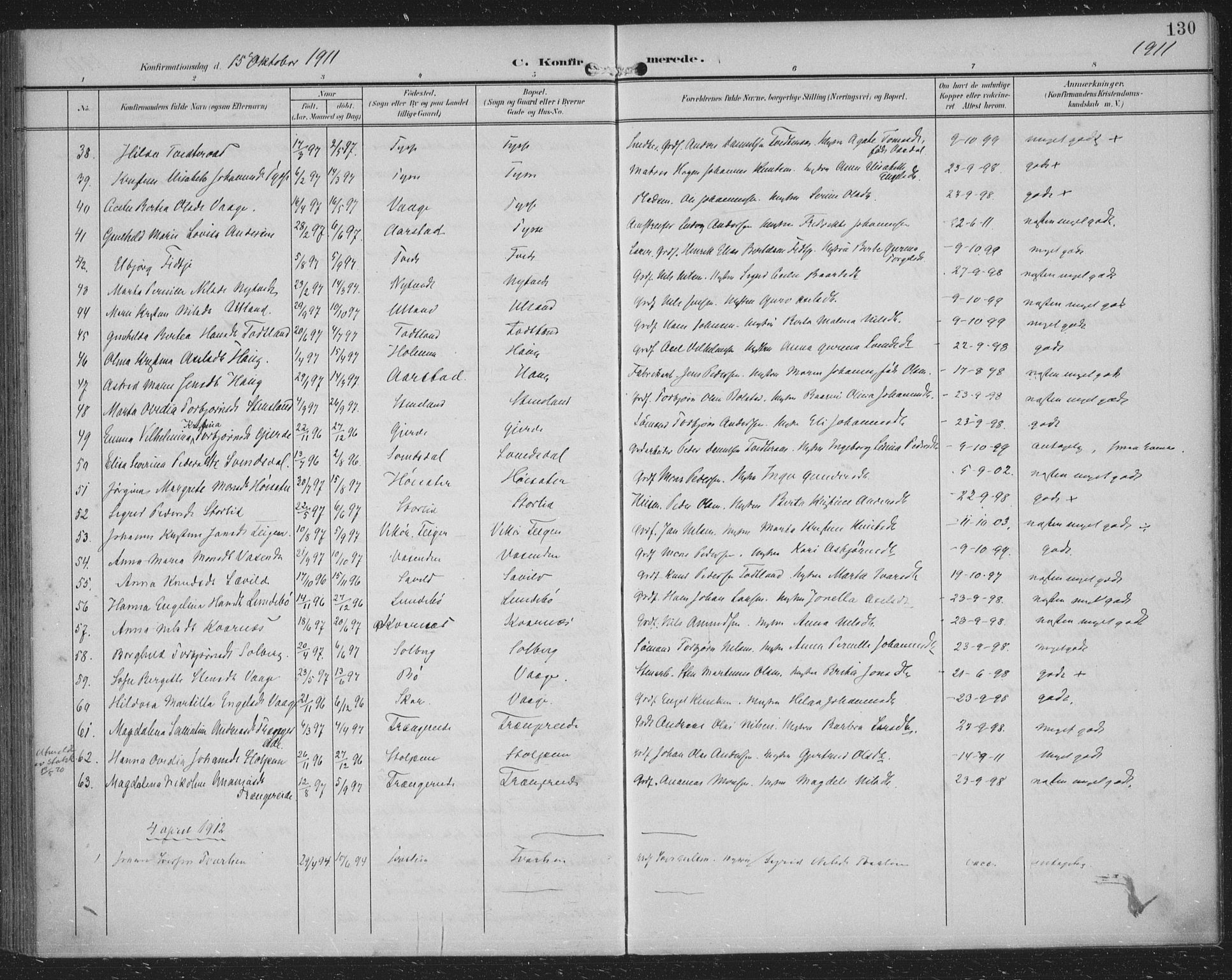 Samnanger Sokneprestembete, SAB/A-77501/H/Haa: Parish register (official) no. A 2, 1902-1918, p. 130
