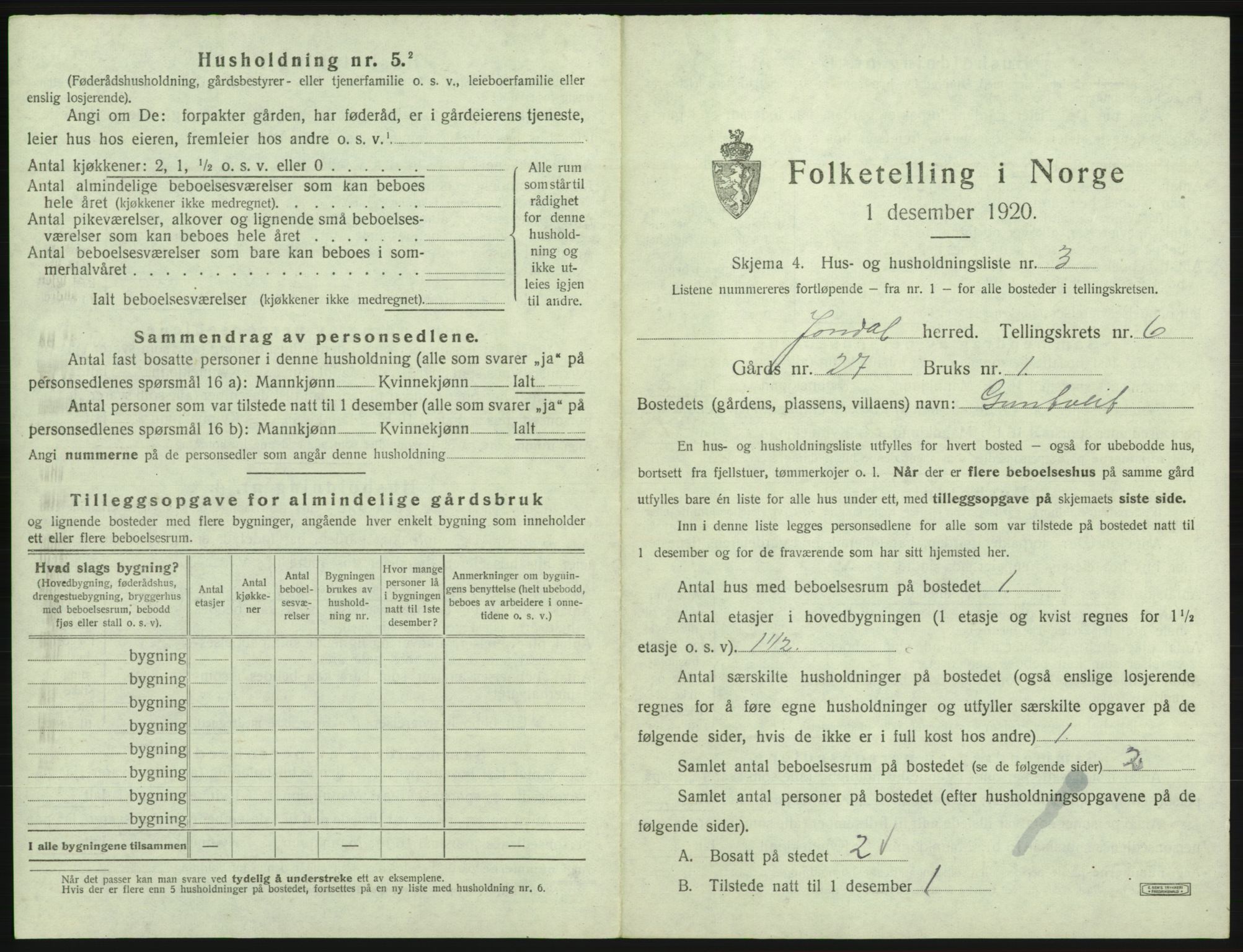 SAB, 1920 census for Jondal, 1920, p. 418