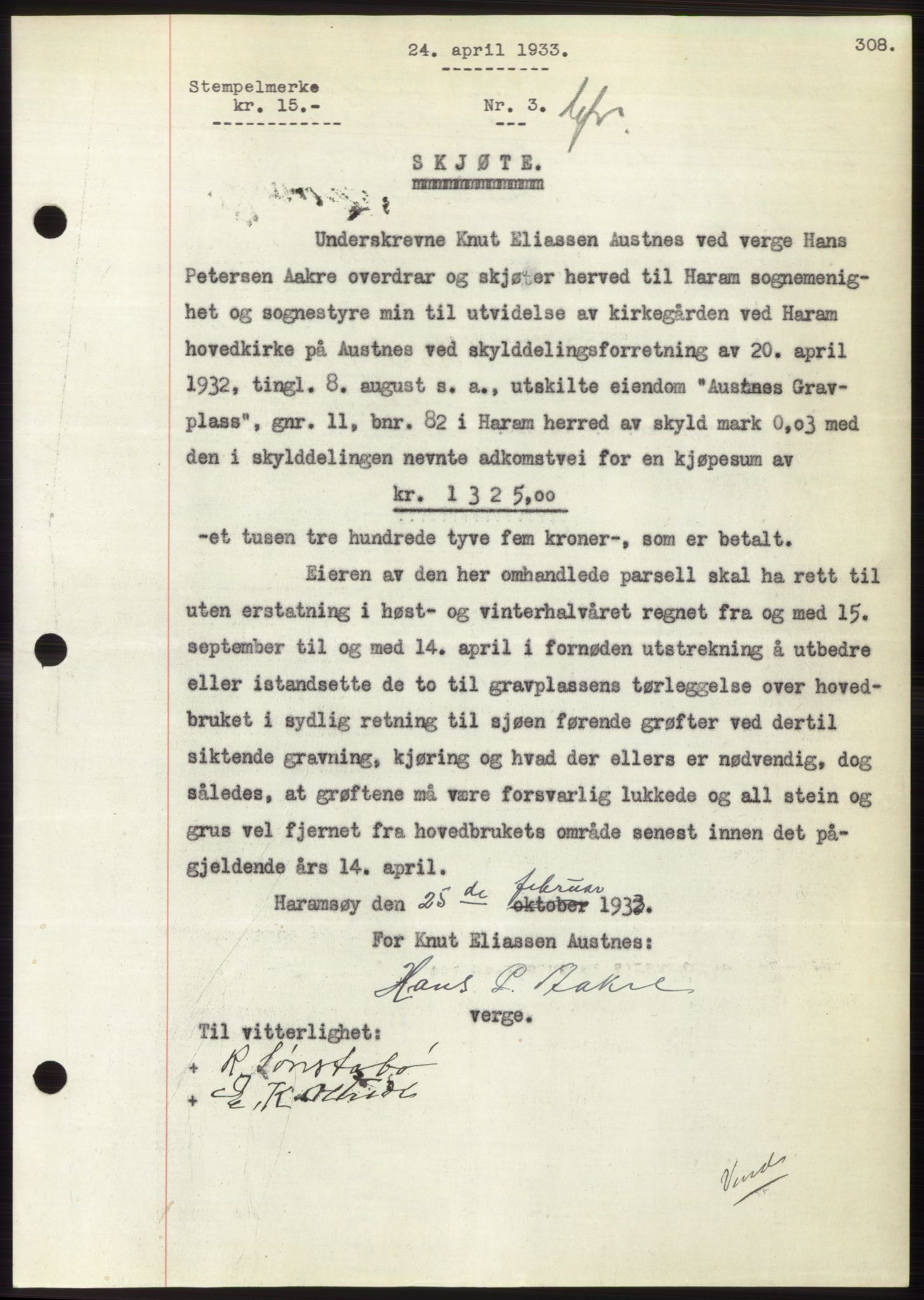 Nordre Sunnmøre sorenskriveri, AV/SAT-A-0006/1/2/2C/2Ca/L0052: Mortgage book no. 52, 1933-1933, Deed date: 24.04.1933