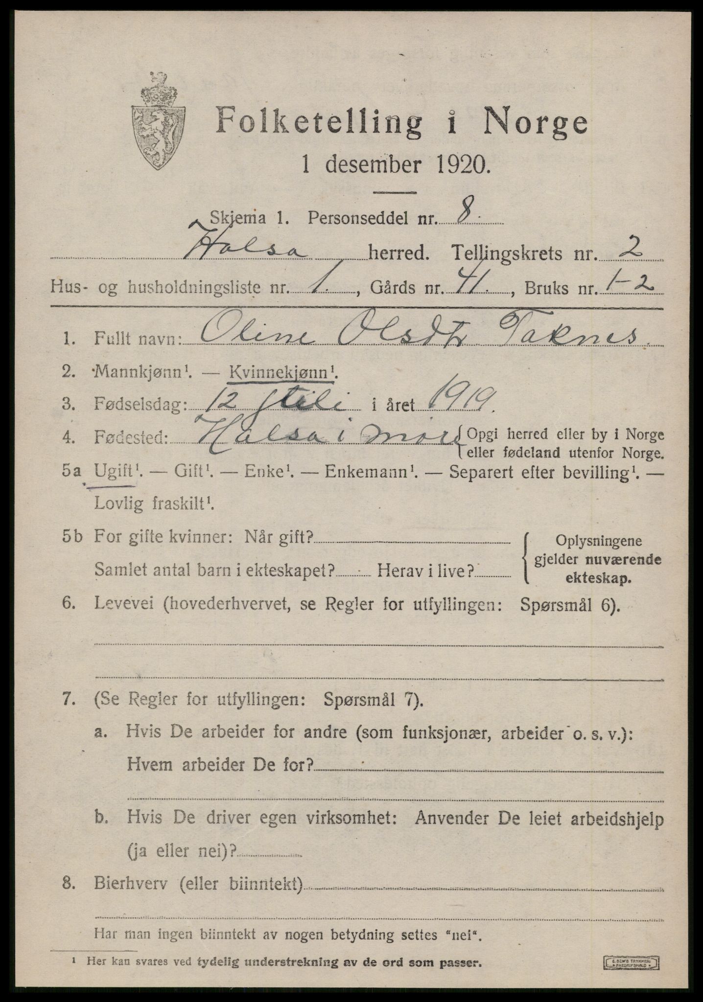 SAT, 1920 census for Halsa, 1920, p. 912