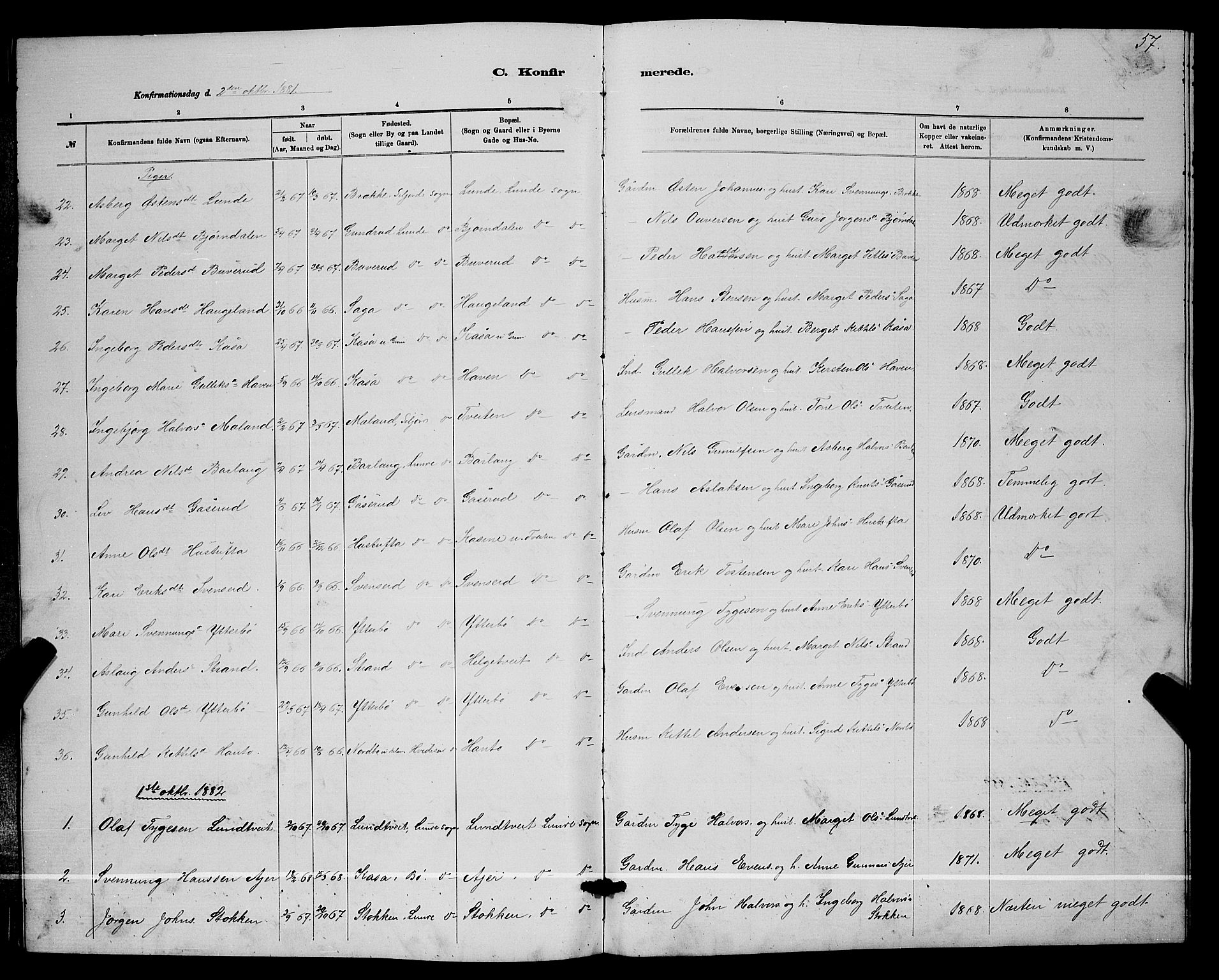 Lunde kirkebøker, SAKO/A-282/G/Ga/L0001b: Parish register (copy) no. I 1, 1879-1887, p. 57
