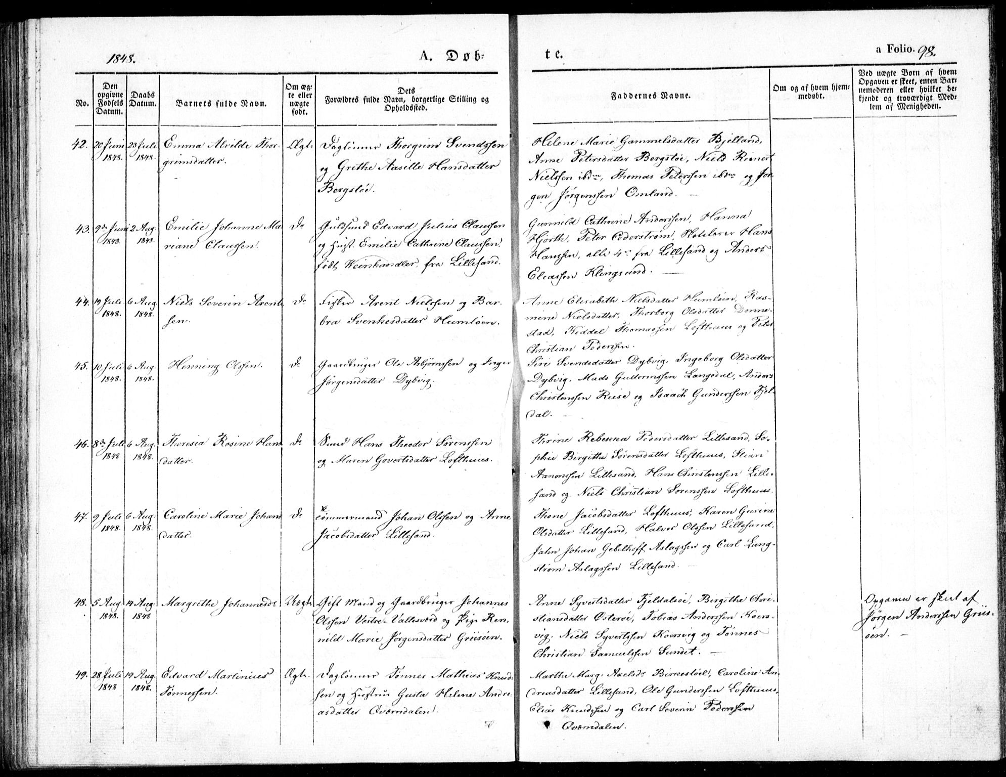 Vestre Moland sokneprestkontor, AV/SAK-1111-0046/F/Fb/Fbb/L0002: Parish register (copy) no. B 2, 1836-1851, p. 98