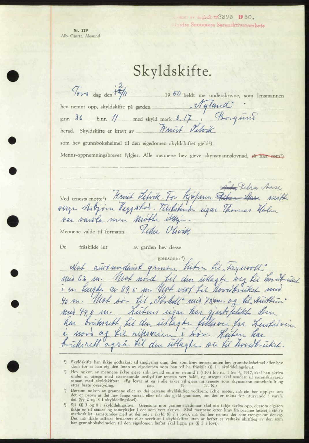 Nordre Sunnmøre sorenskriveri, AV/SAT-A-0006/1/2/2C/2Ca: Mortgage book no. A36, 1950-1950, Diary no: : 2393/1950