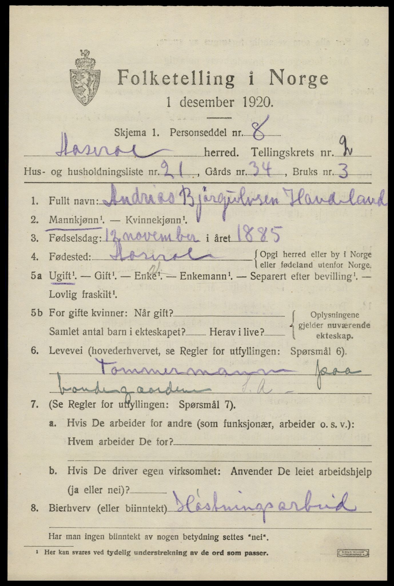 SAK, 1920 census for Åseral, 1920, p. 988