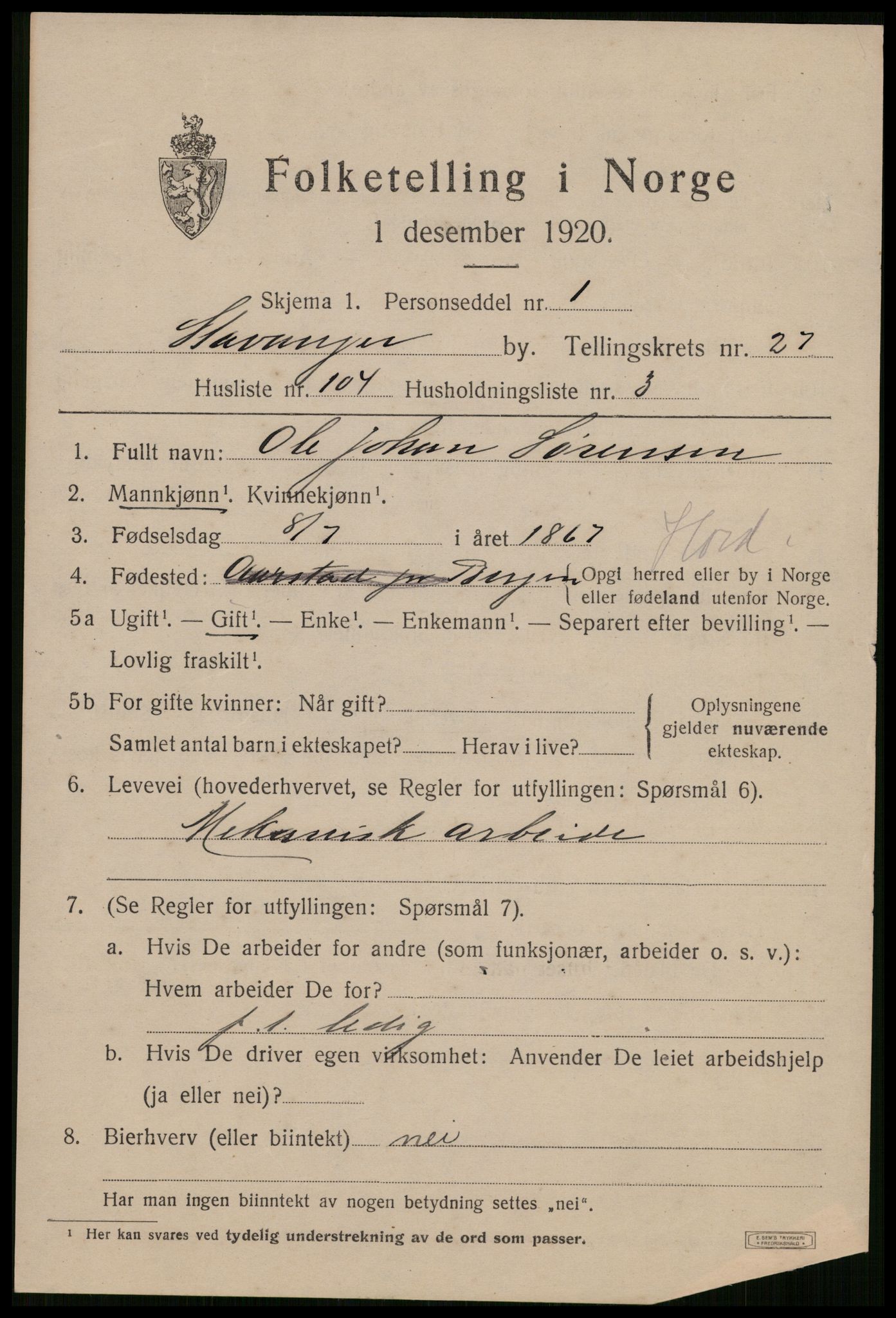 SAST, 1920 census for Stavanger, 1920, p. 80756