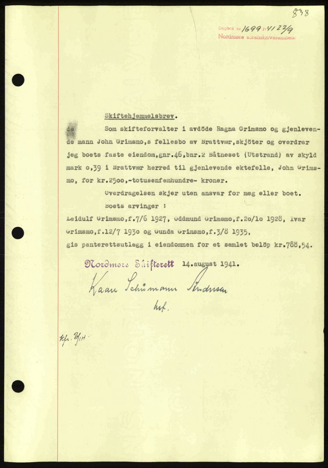 Nordmøre sorenskriveri, SAT/A-4132/1/2/2Ca: Mortgage book no. A90, 1941-1941, Diary no: : 1699/1941