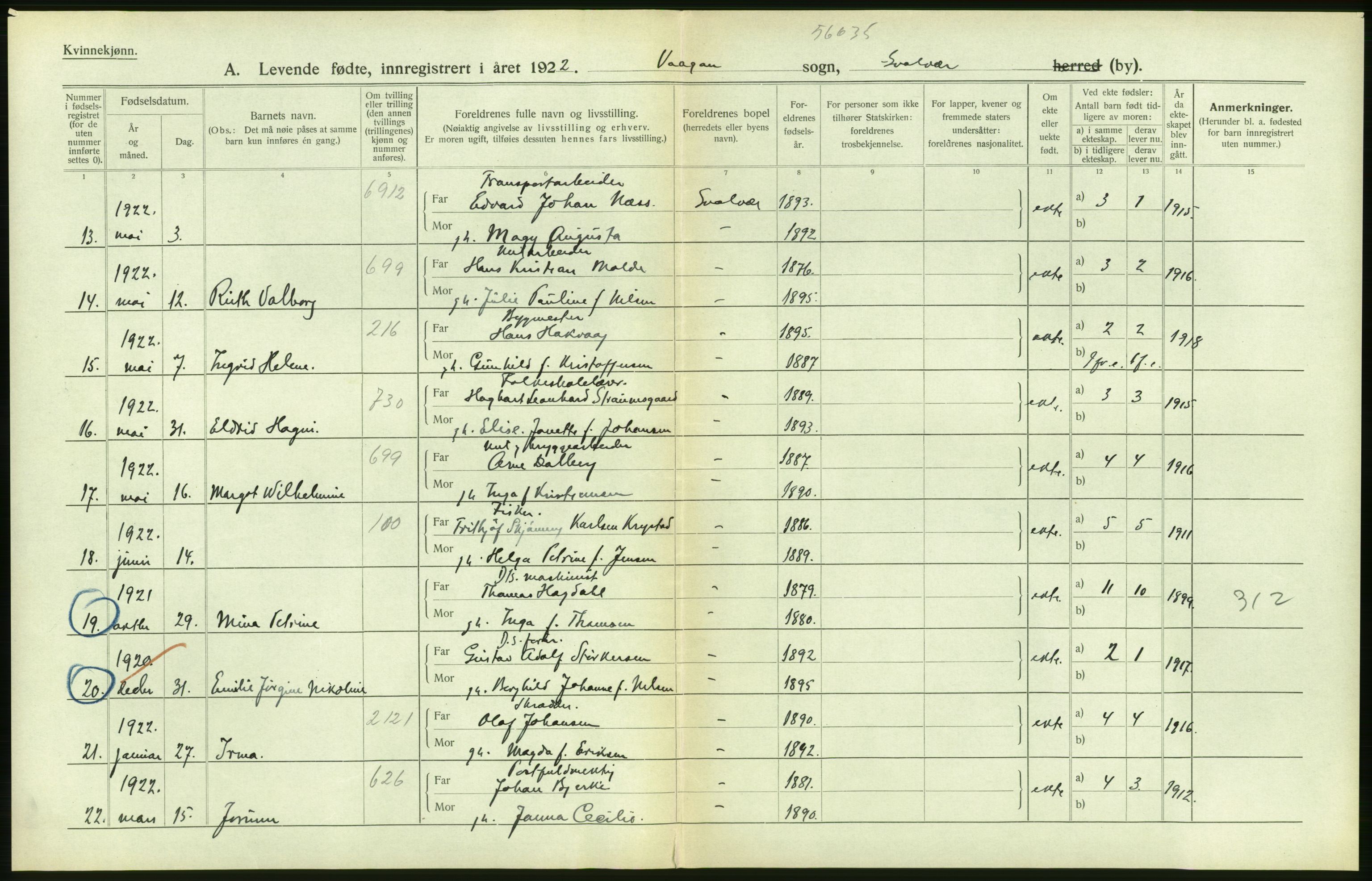 Statistisk sentralbyrå, Sosiodemografiske emner, Befolkning, AV/RA-S-2228/D/Df/Dfc/Dfcb/L0044: Nordland fylke: Levendefødte menn og kvinner. Bygder og byer., 1922, p. 56