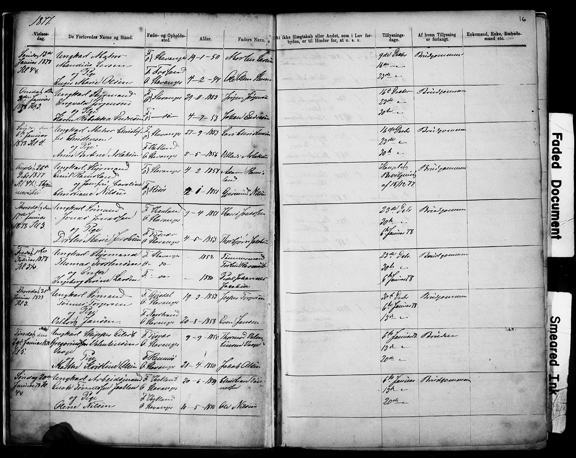 Domkirken sokneprestkontor, SAST/A-101812/001/30/30BB/L0014: Parish register (copy) no. B 14, 1875-1902, p. 16